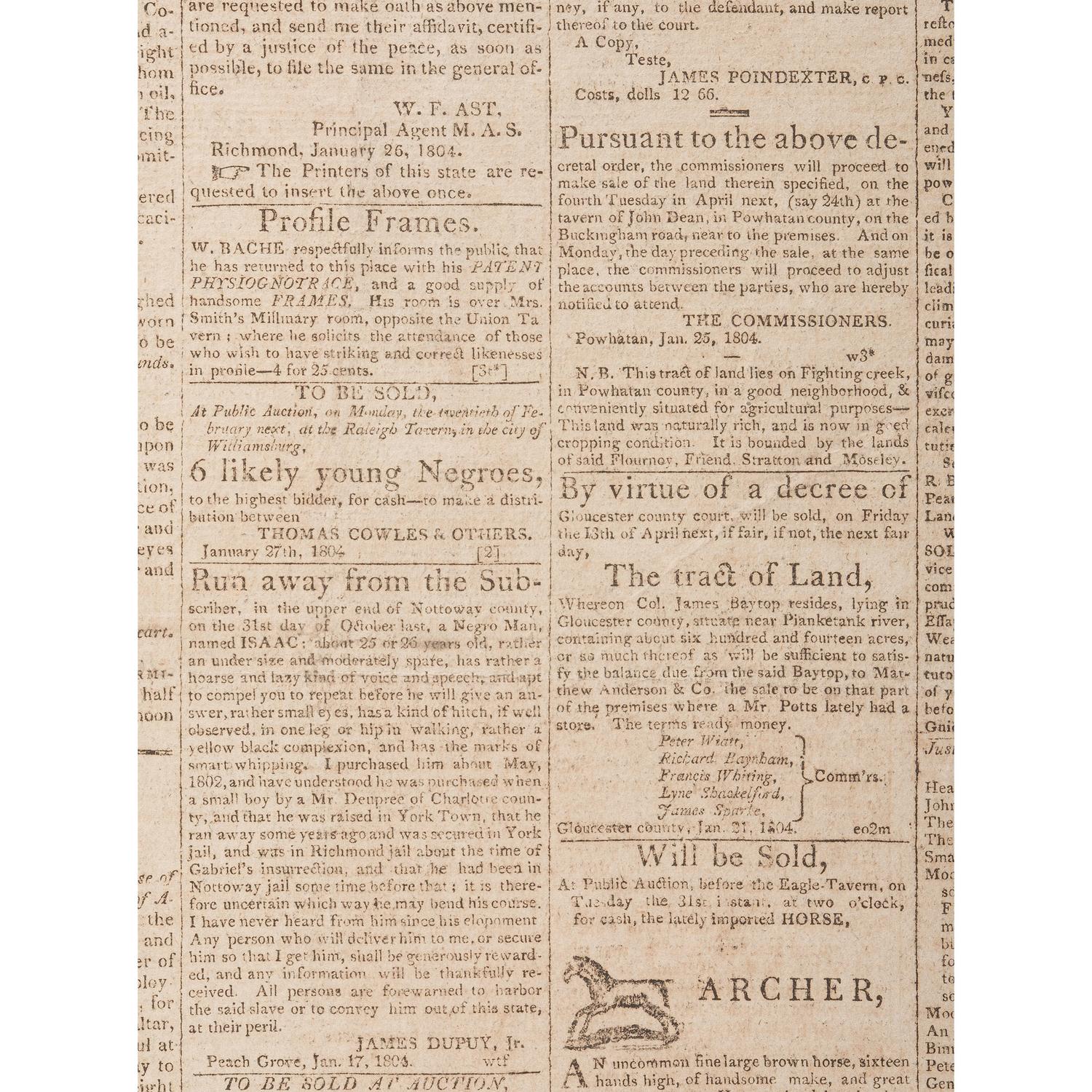 Virginia Argus , Rare 1804 Newspaper Featuring Advertisement for Slavery Auction at the Raleigh Tavern, Williamsburg