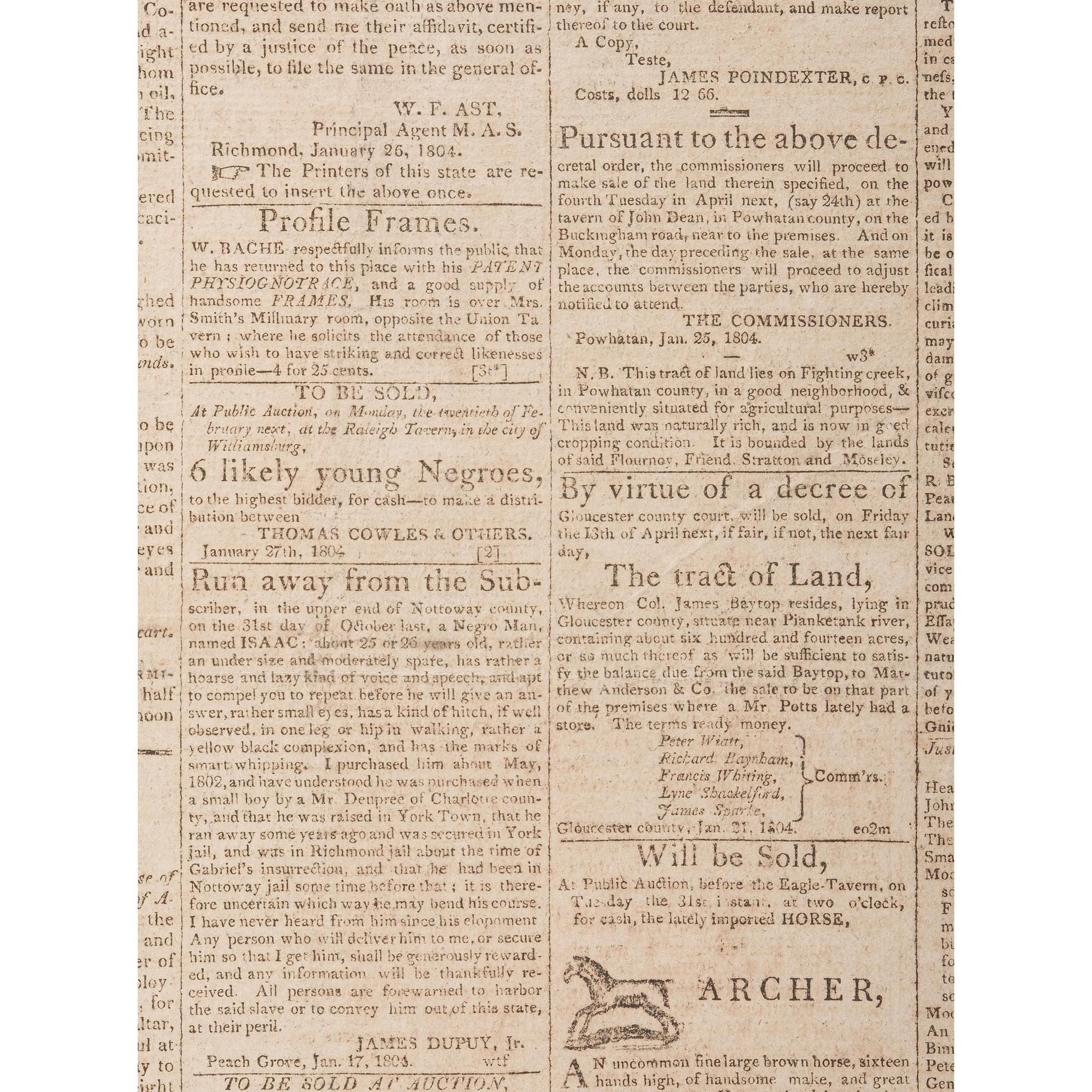 Virginia Argus , Rare 1804 Newspaper Featuring Advertisement for Slavery Auction at the Raleigh Tavern, Williamsburg