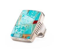 Sterling Silver Ring, with Turquoise and Coral Mosaic Inlay Lot is located and will ship from Denver, Colorado.
