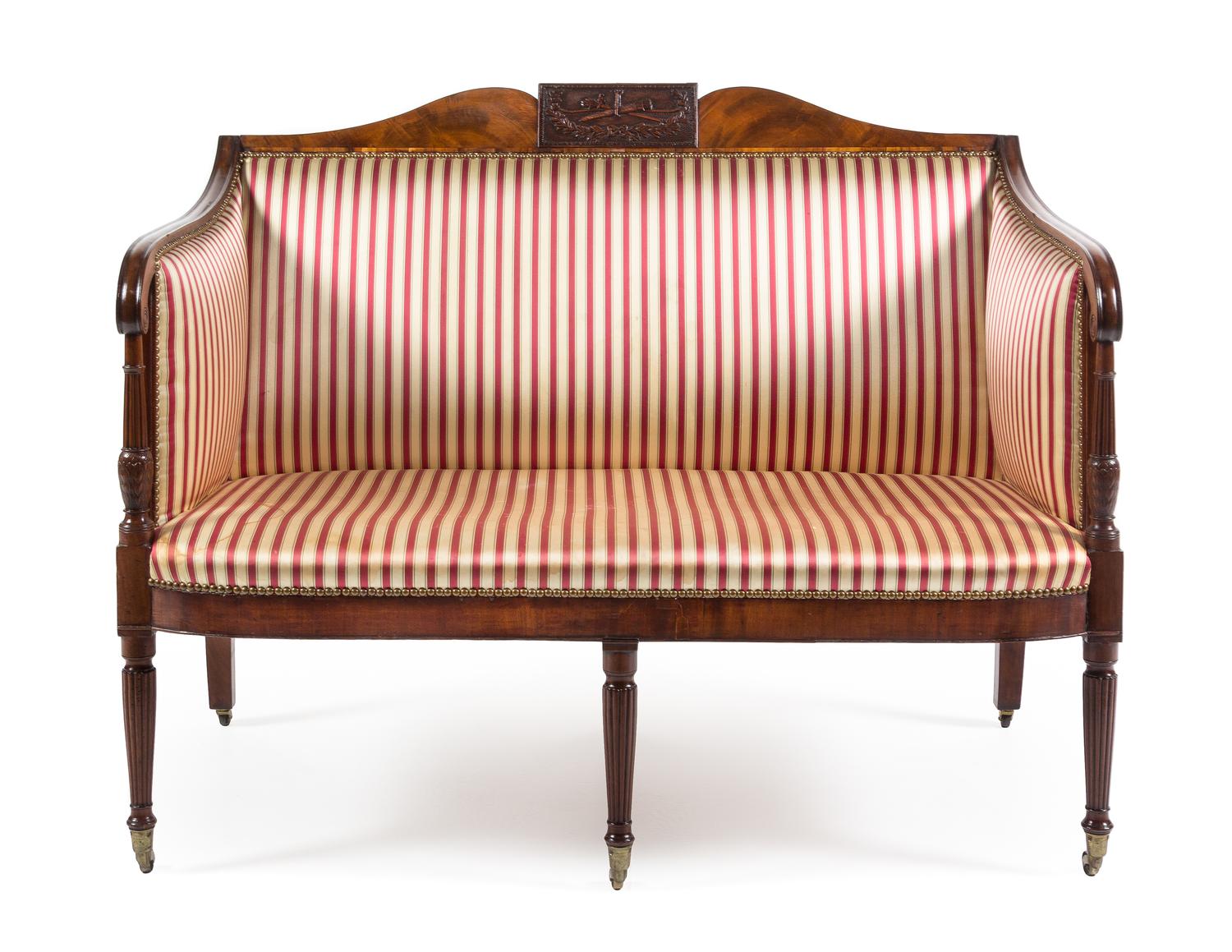 A Federal Carved and Inlaid Mahogany Bowfront Settee Attributed to Samuel Mcintire, Salem, Massachusetts, Circa 1785-1805
