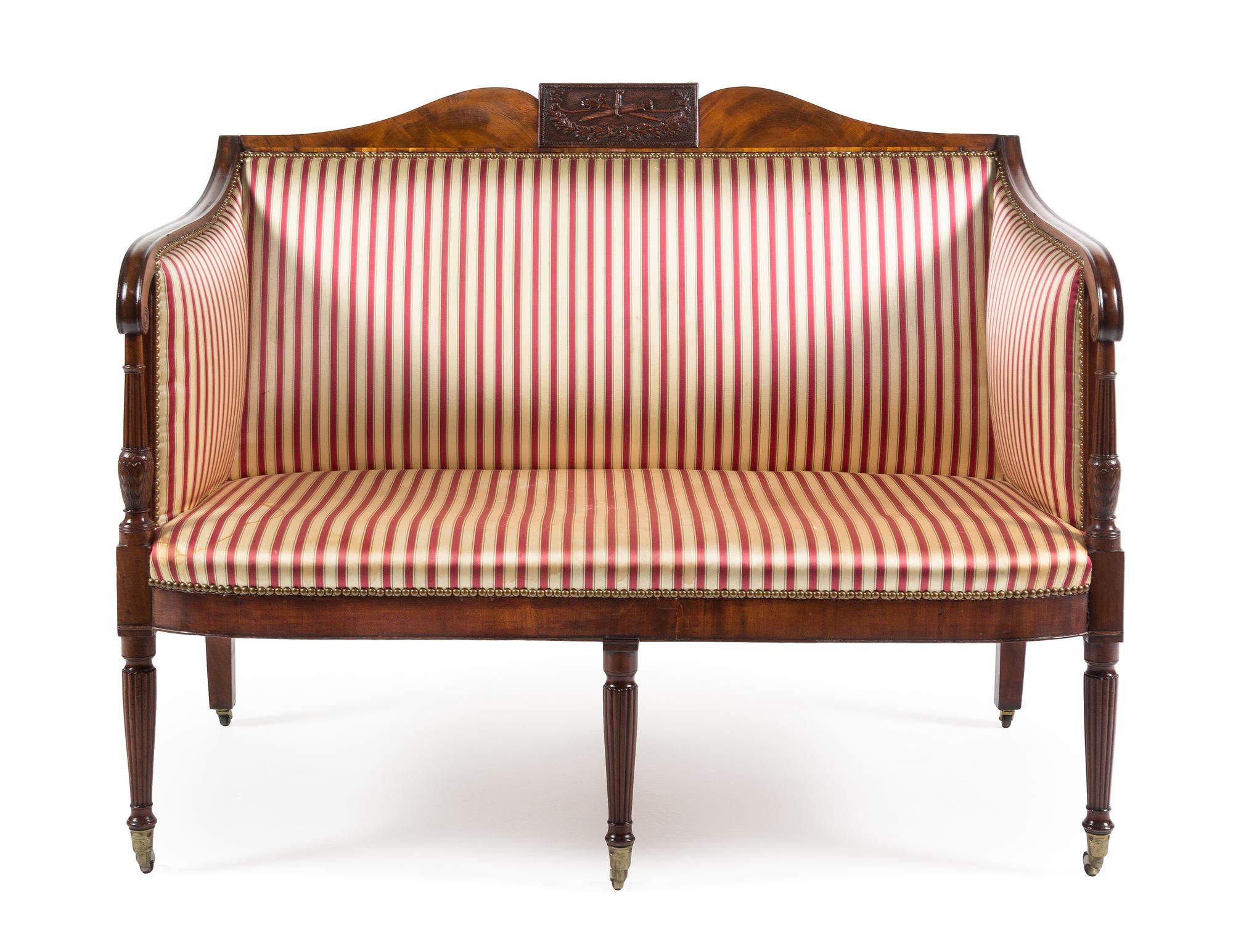 A Federal Carved and Inlaid Mahogany Bowfront Settee Attributed to Samuel Mcintire, Salem, Massachusetts, Circa 1785-1805