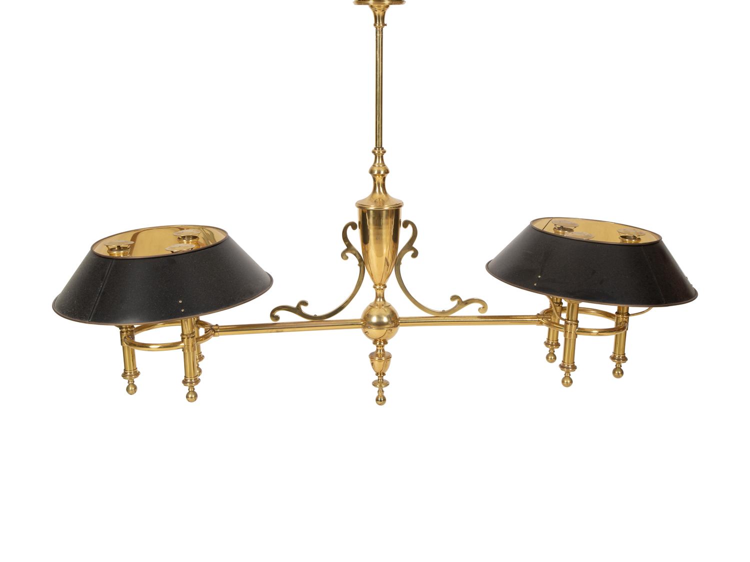 A Brass Billiard Lamp with Tole Shades — 20th Century