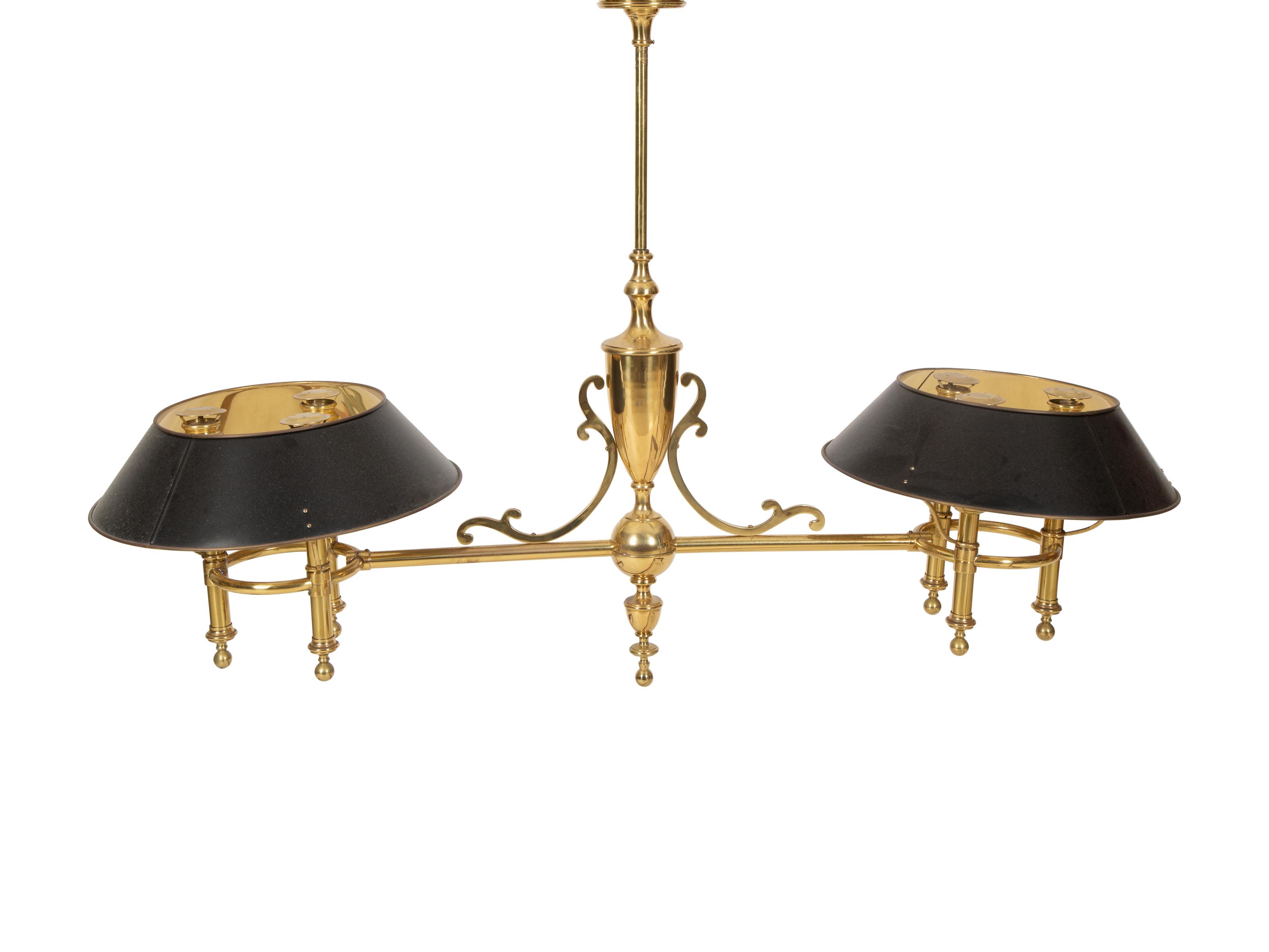 A Brass Billiard Lamp with Tole Shades — 20th Century