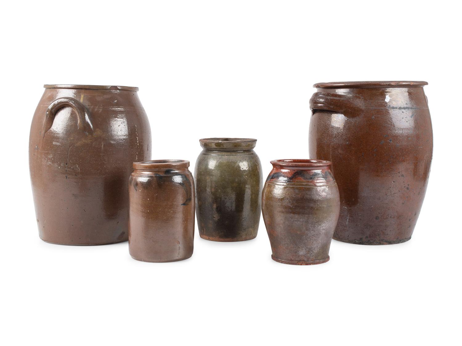 Five Redware Crocks