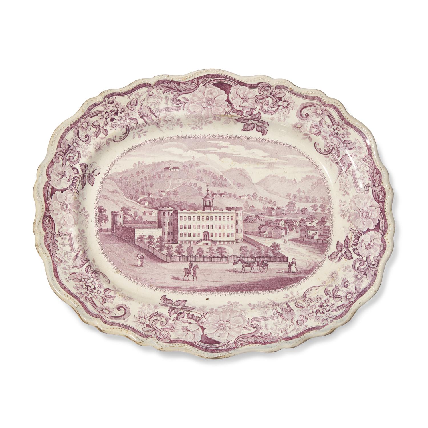 A Staffordshire Historical Mulberry Transfer-Decorated Platter Depicting the Penitentiary in Allegheny Near Pittsburgh, Pennsylvania