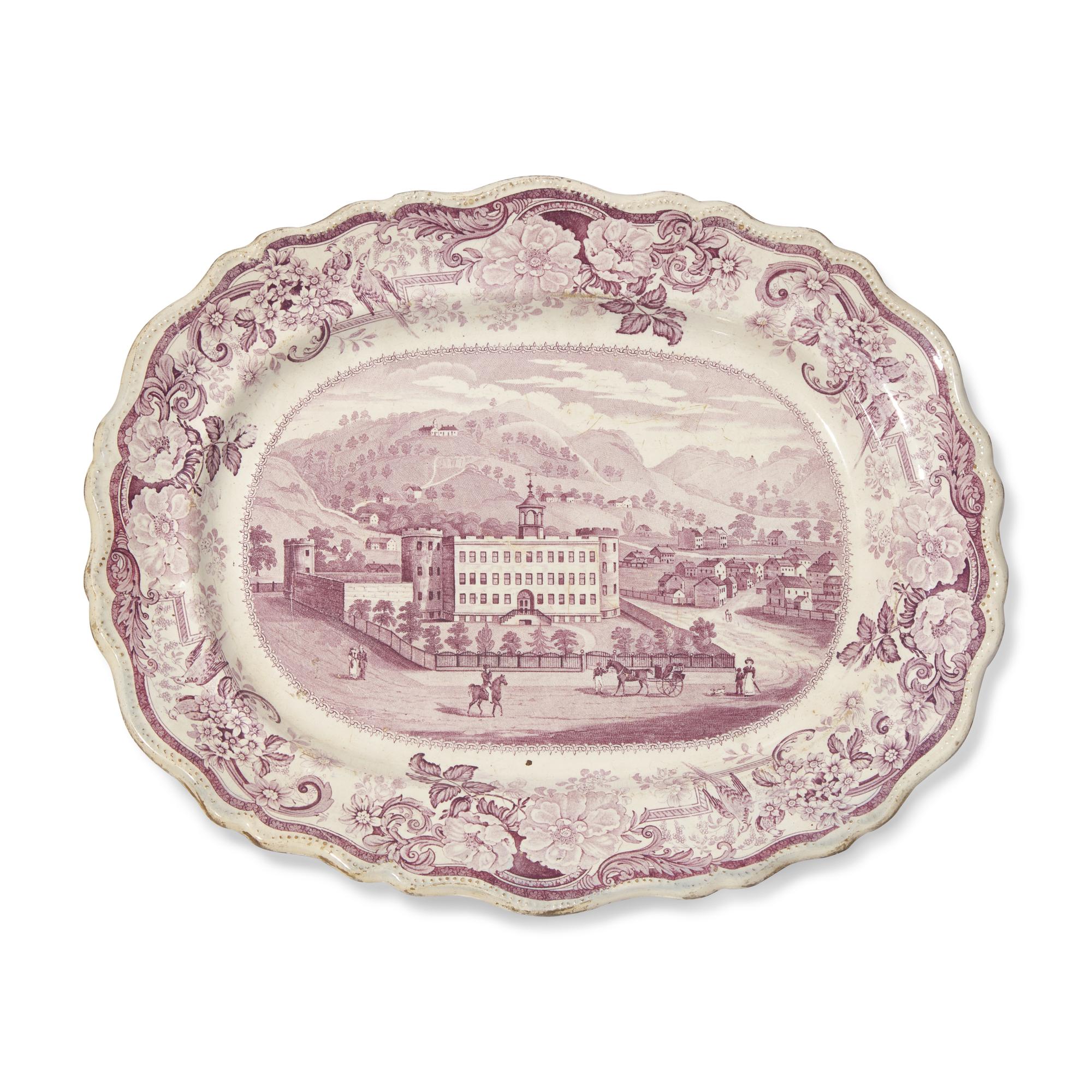 A Staffordshire Historical Mulberry Transfer-Decorated Platter Depicting the Penitentiary in Allegheny Near Pittsburgh, Pennsylvania
