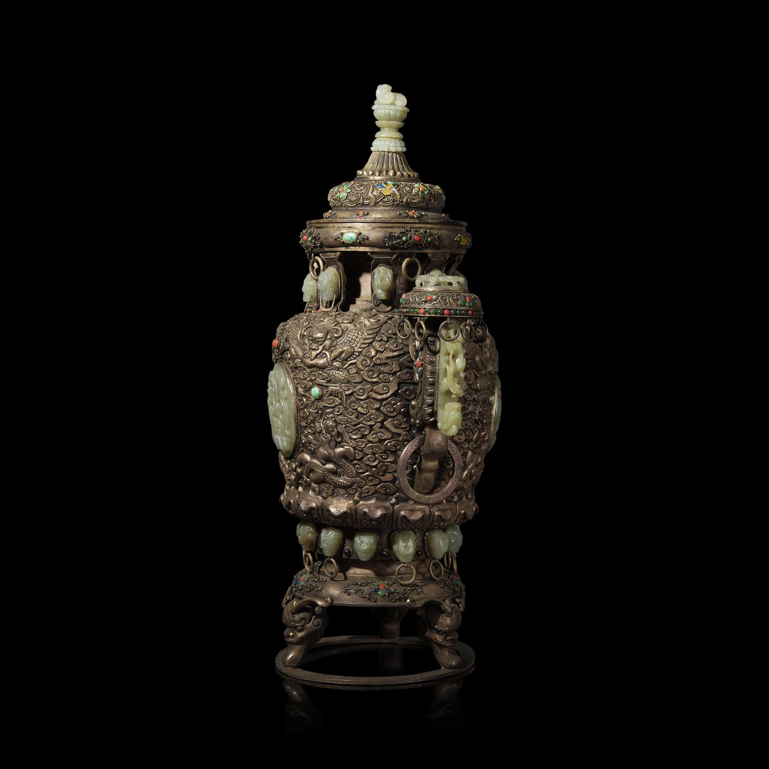 A Mongolian Jade Inset Incense Burner 蒙古式嵌玉香爐