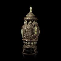 A Mongolian Jade Inset Incense Burner 蒙古式嵌玉香爐