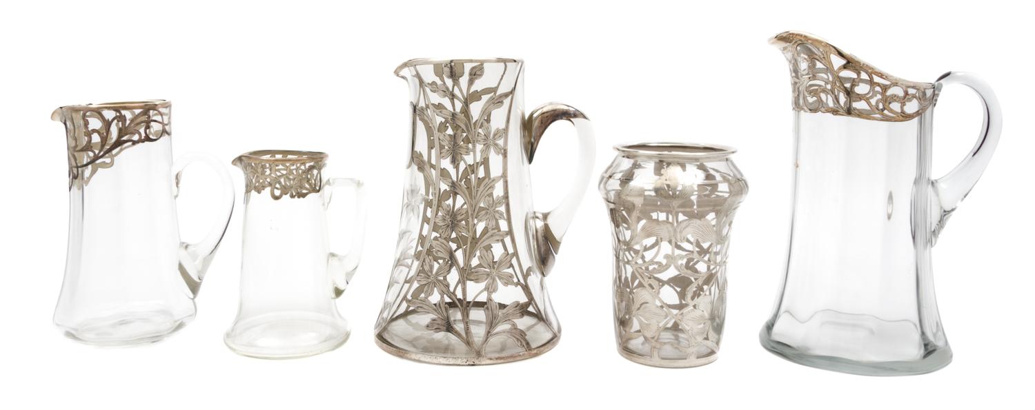 A Group of Five Silver Overlay Glass Table Articles Height of tallest 10 inches.