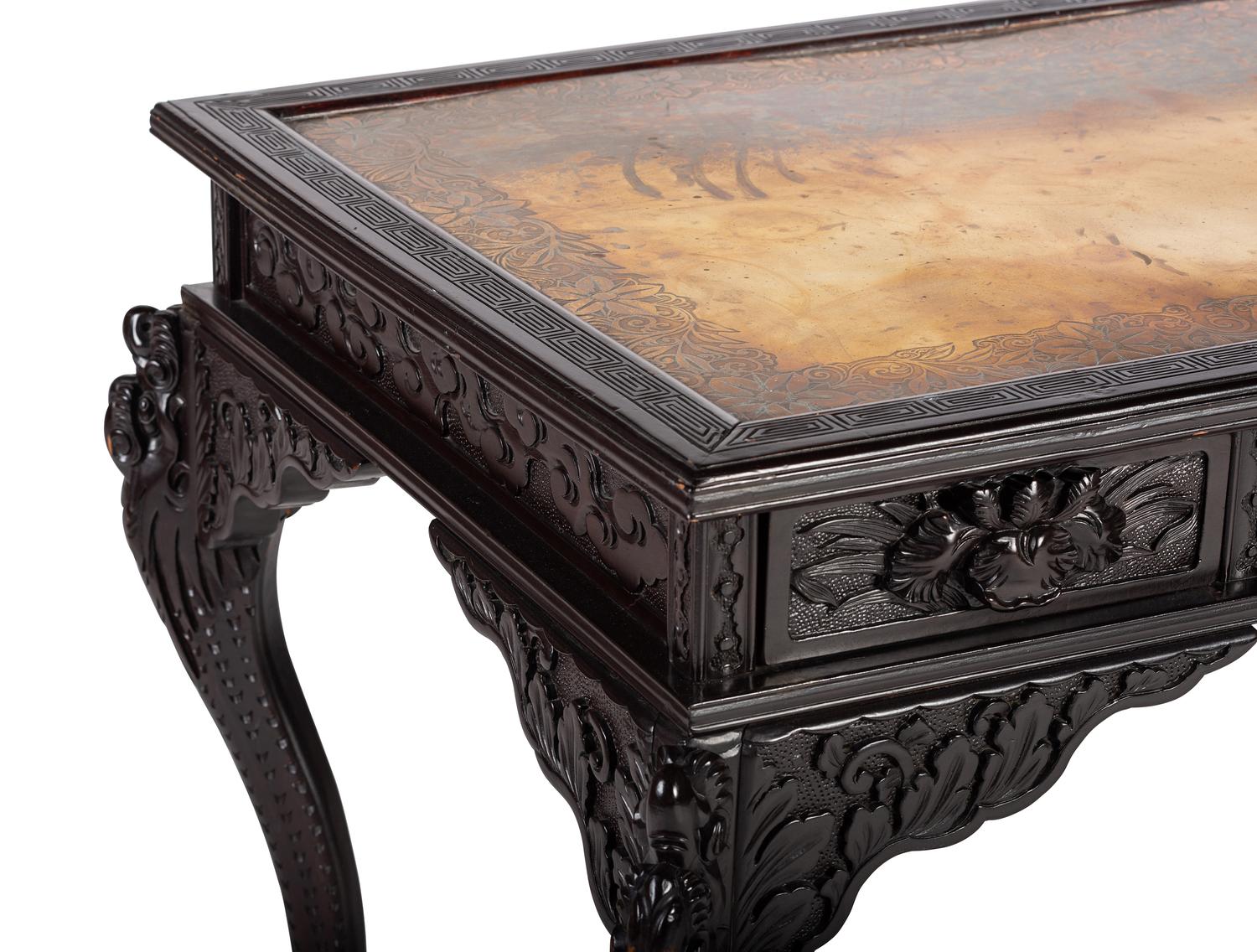 A Japanese Carved and Brass Inset Desk