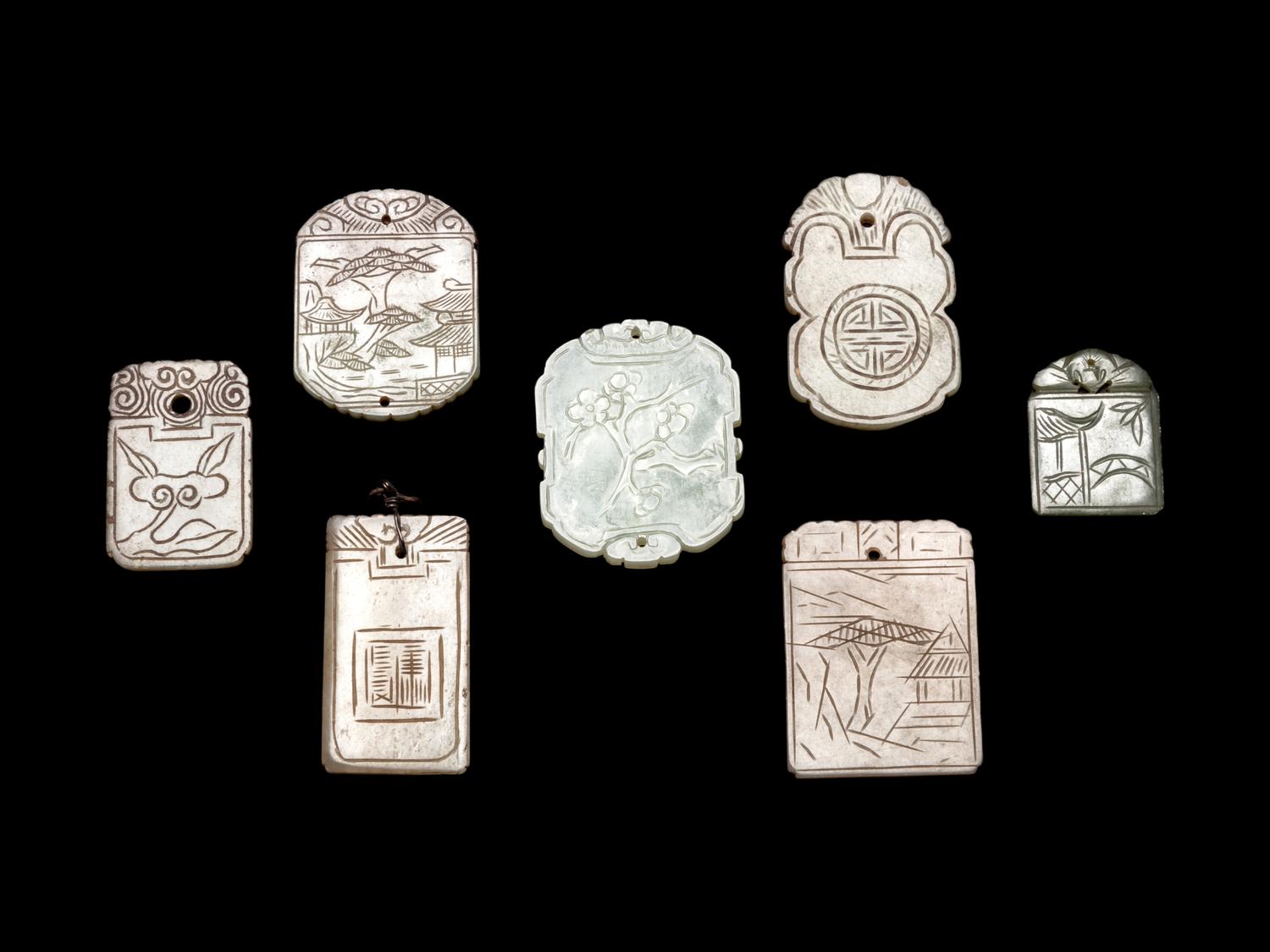 Seven Chinese Celadon Jade Carved Plaques