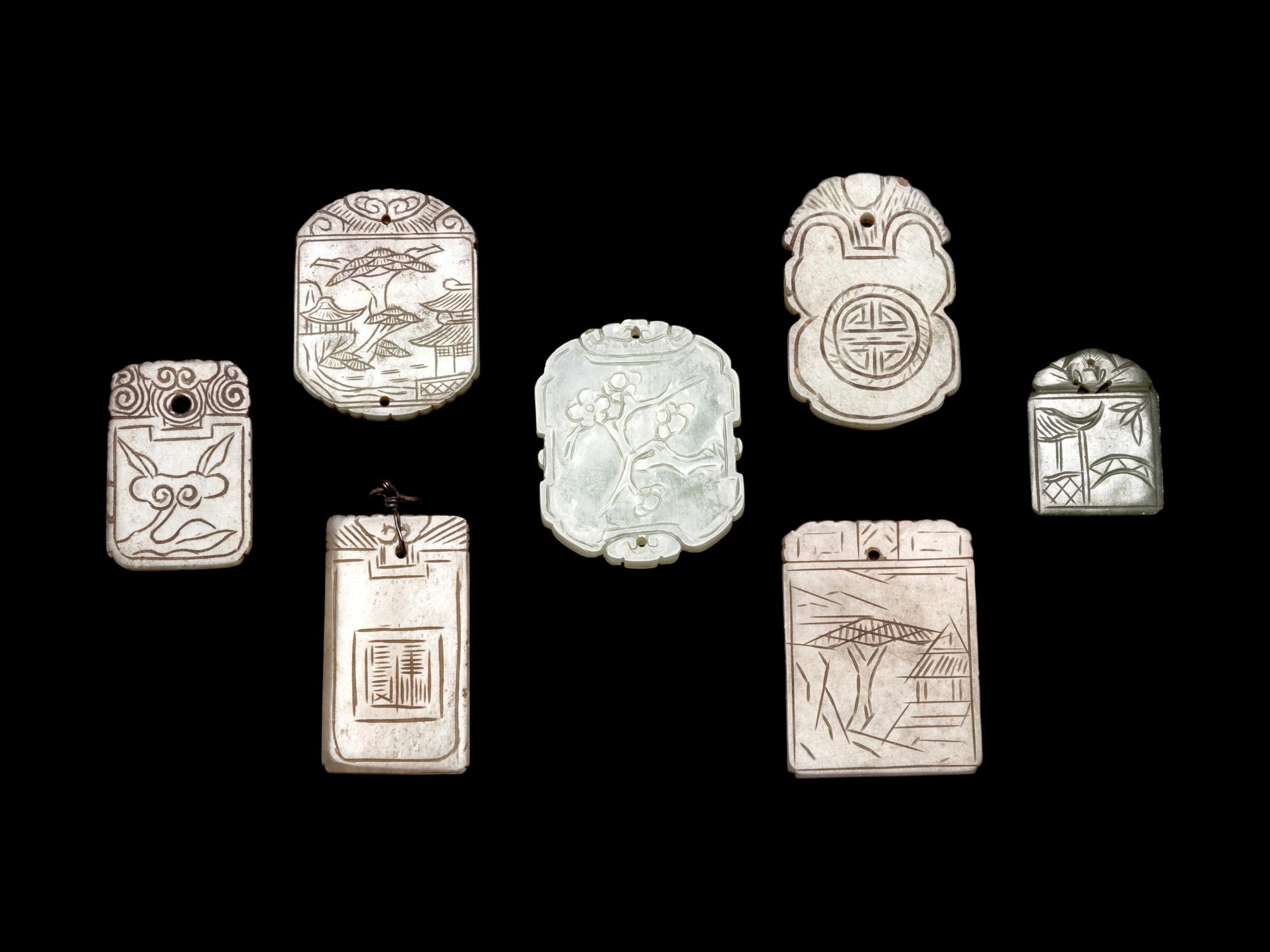 Seven Chinese Celadon Jade Carved Plaques