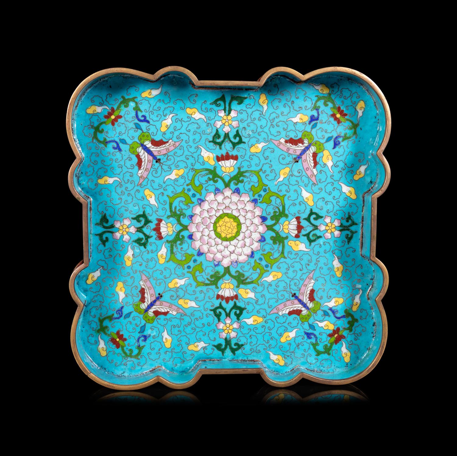 A Chinese Celadon Jade Inset Cloisonné Enamel Quatrefoil- Covered Box