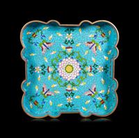 A Chinese Celadon Jade Inset Cloisonné Enamel Quatrefoil- Covered Box