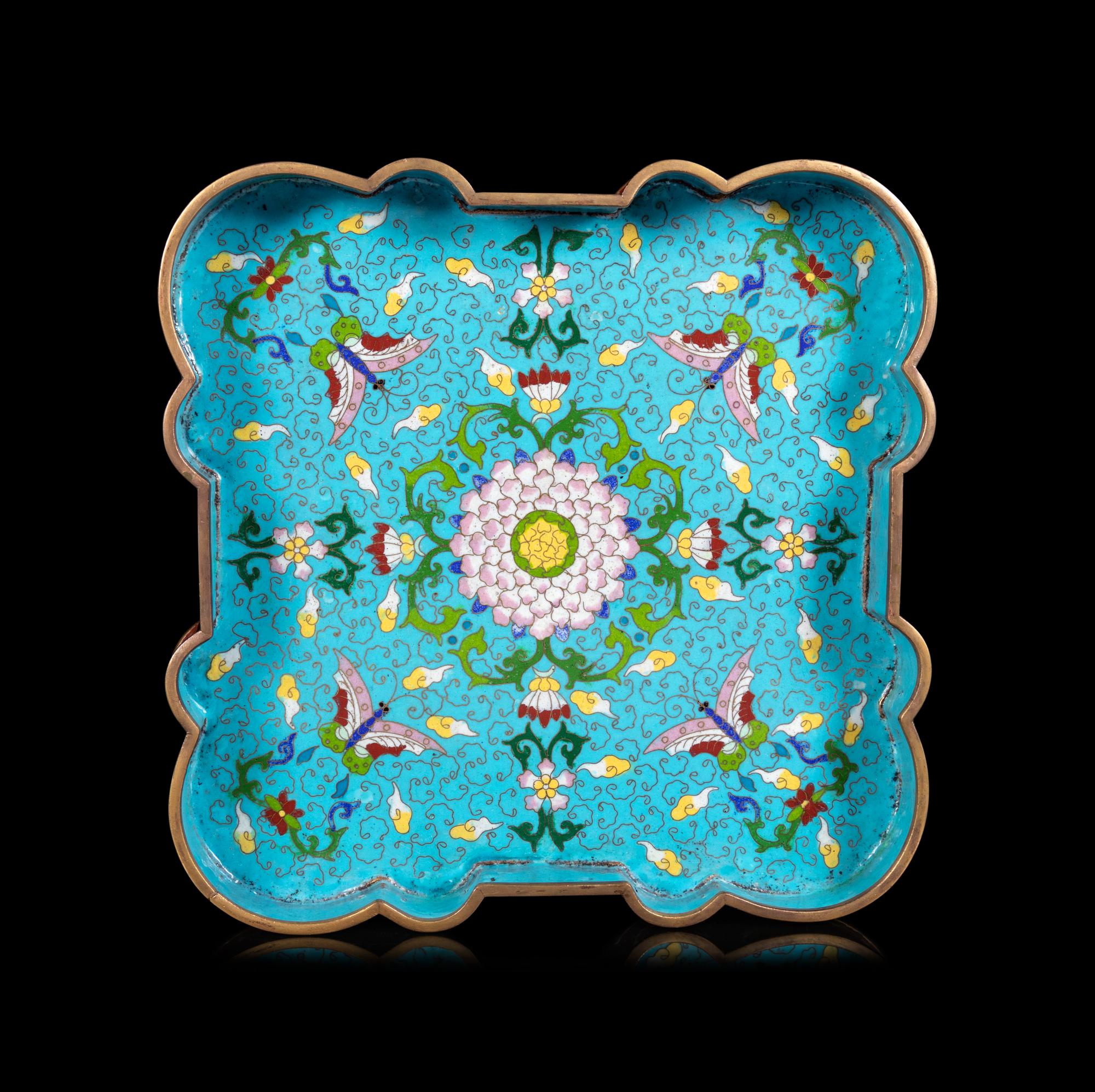 A Chinese Celadon Jade Inset Cloisonné Enamel Quatrefoil- Covered Box