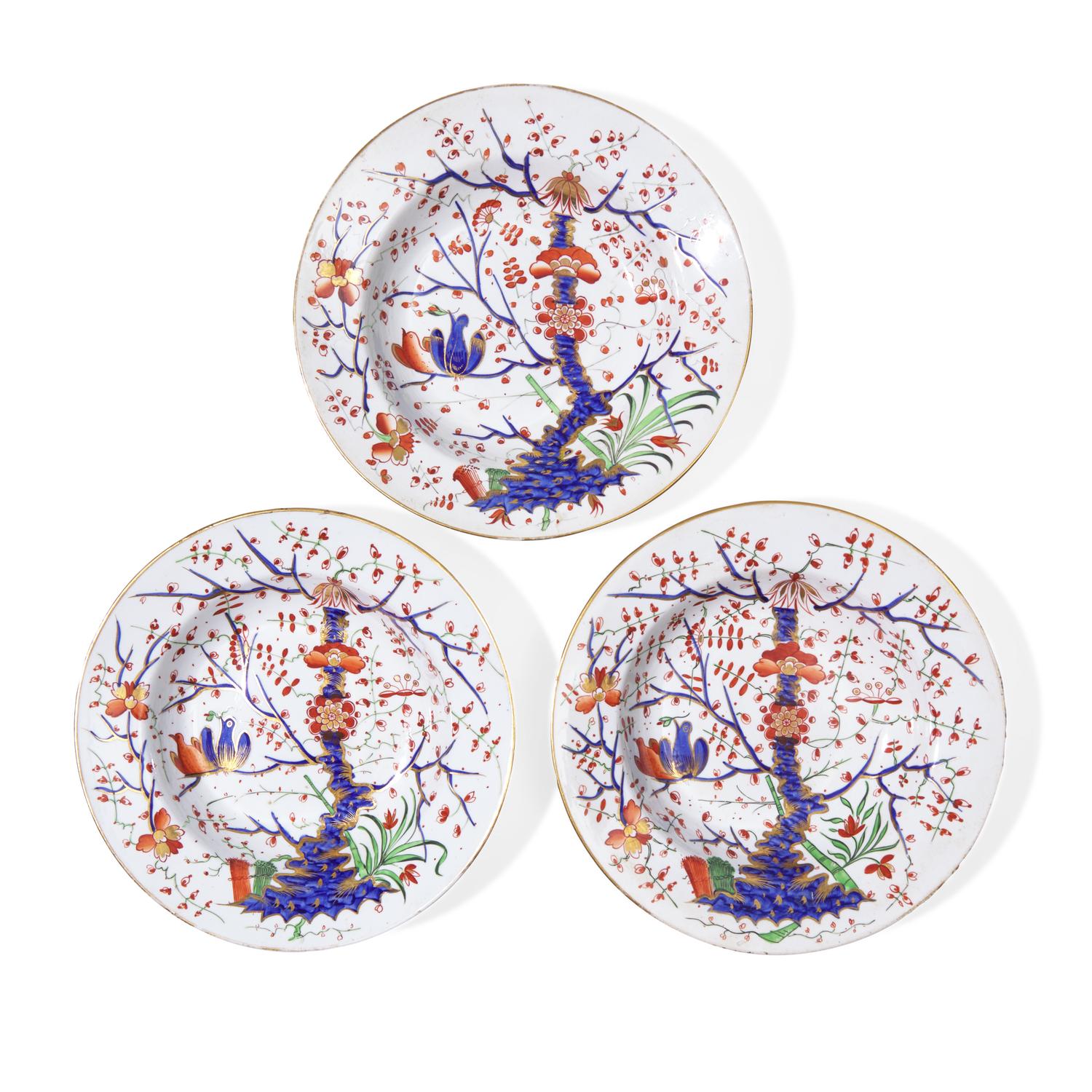 Three Royal Crown Derby Porcelain Chinoiserie Plates