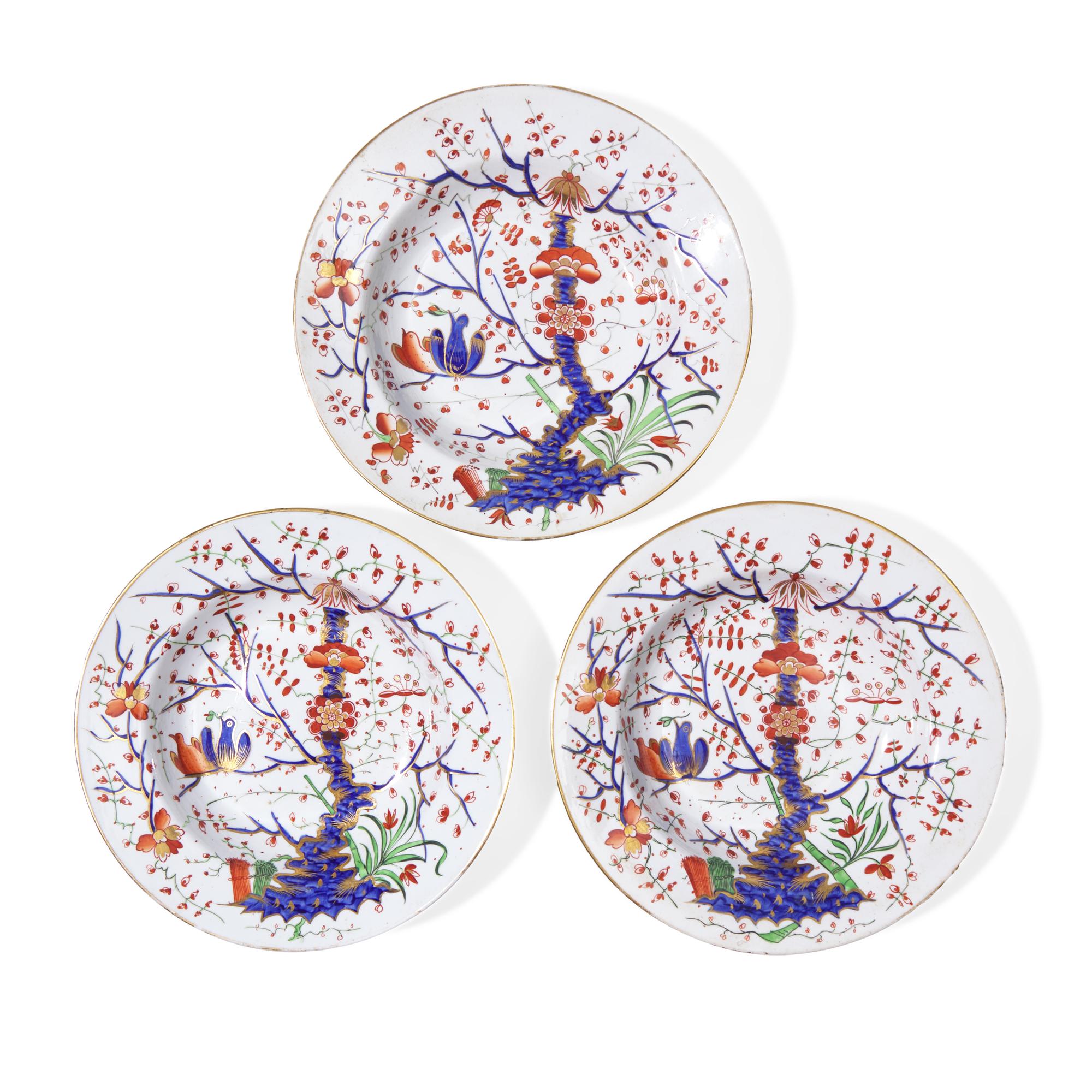 Three Royal Crown Derby Porcelain Chinoiserie Plates