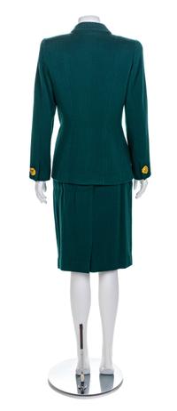 Valentino Miss V Green Wool Herringbone Skirt Suit, 1990-2000s Size label: 10