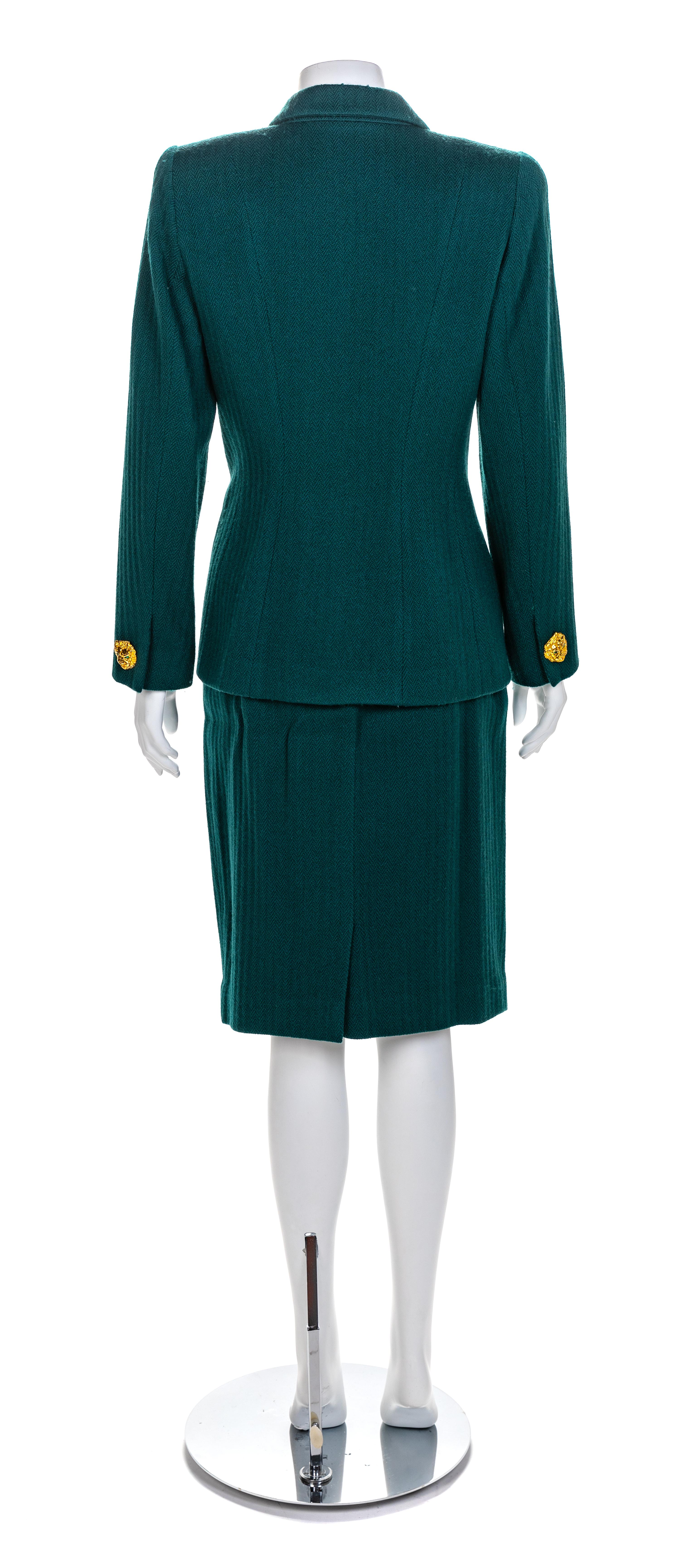 Valentino Miss V Green Wool Herringbone Skirt Suit, 1990-2000s Size label: 10