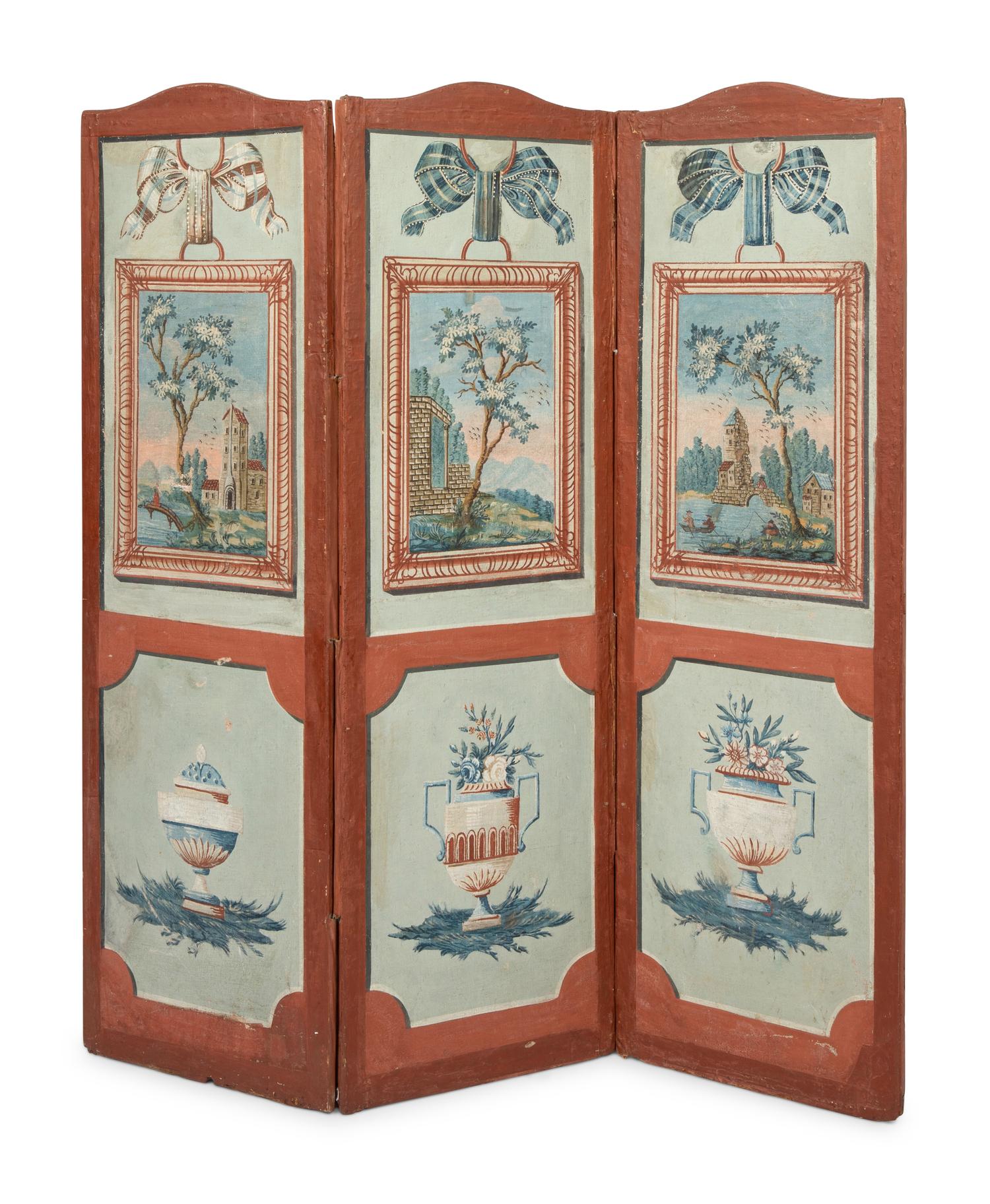 A Painted Canvas Three-Panel Floor Screen