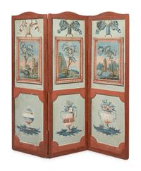 A Painted Canvas Three-Panel Floor Screen