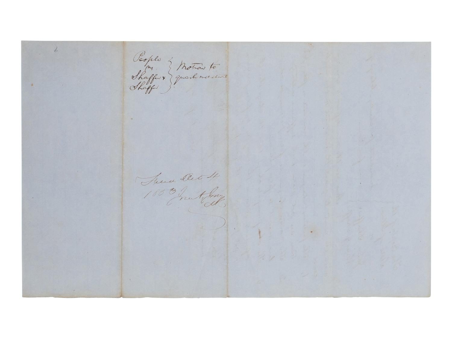 LINCOLN, Abraham (1809-1865). Autograph legal document signed ("Lincoln, for defendant"), [Tazewell County, Ill.], [filed] 4 October 1853.