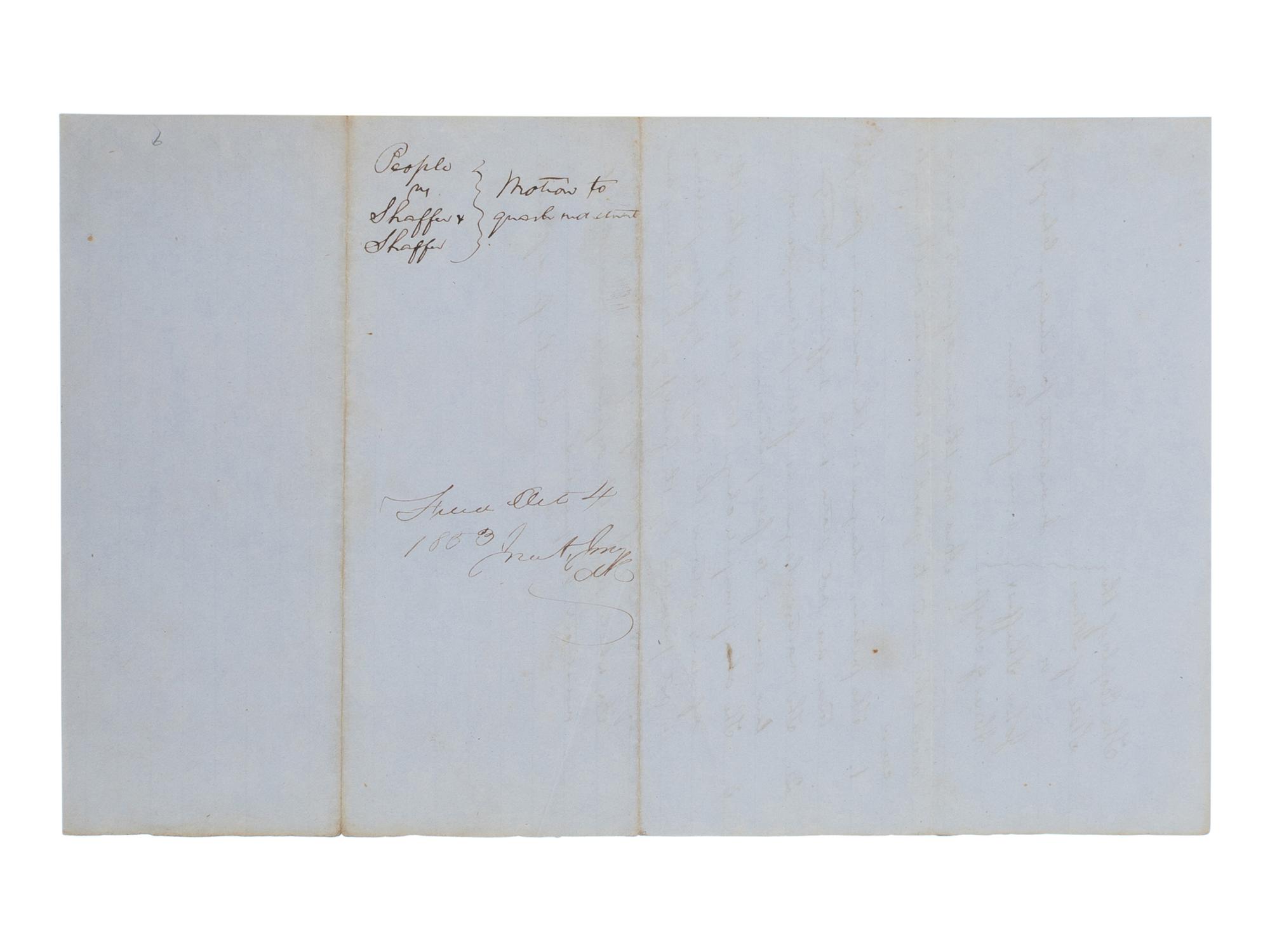 LINCOLN, Abraham (1809-1865). Autograph legal document signed ("Lincoln, for defendant"), [Tazewell County, Ill.], [filed] 4 October 1853.