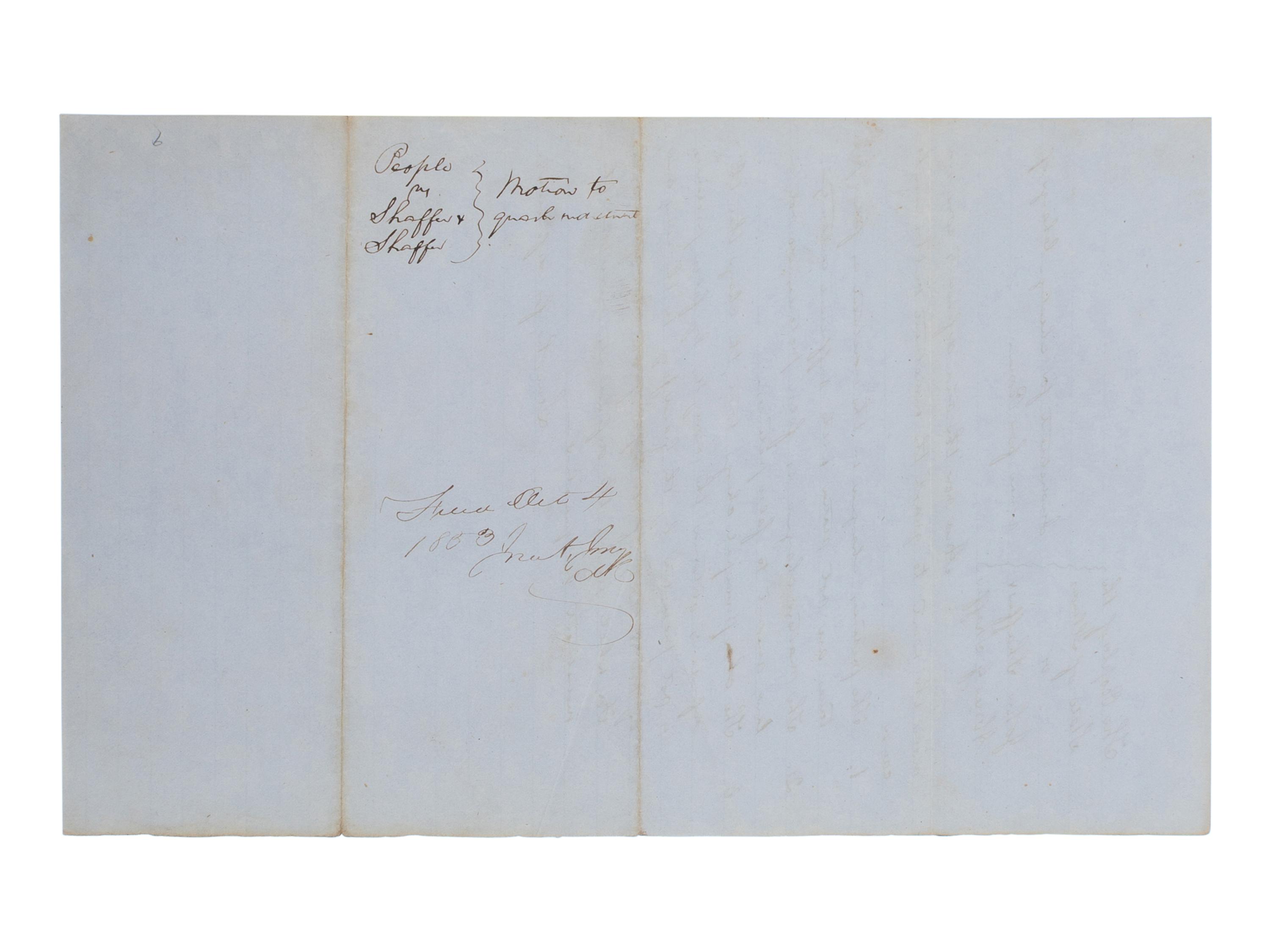 LINCOLN, Abraham (1809-1865). Autograph legal document signed ("Lincoln, for defendant"), [Tazewell County, Ill.], [filed] 4 October 1853.