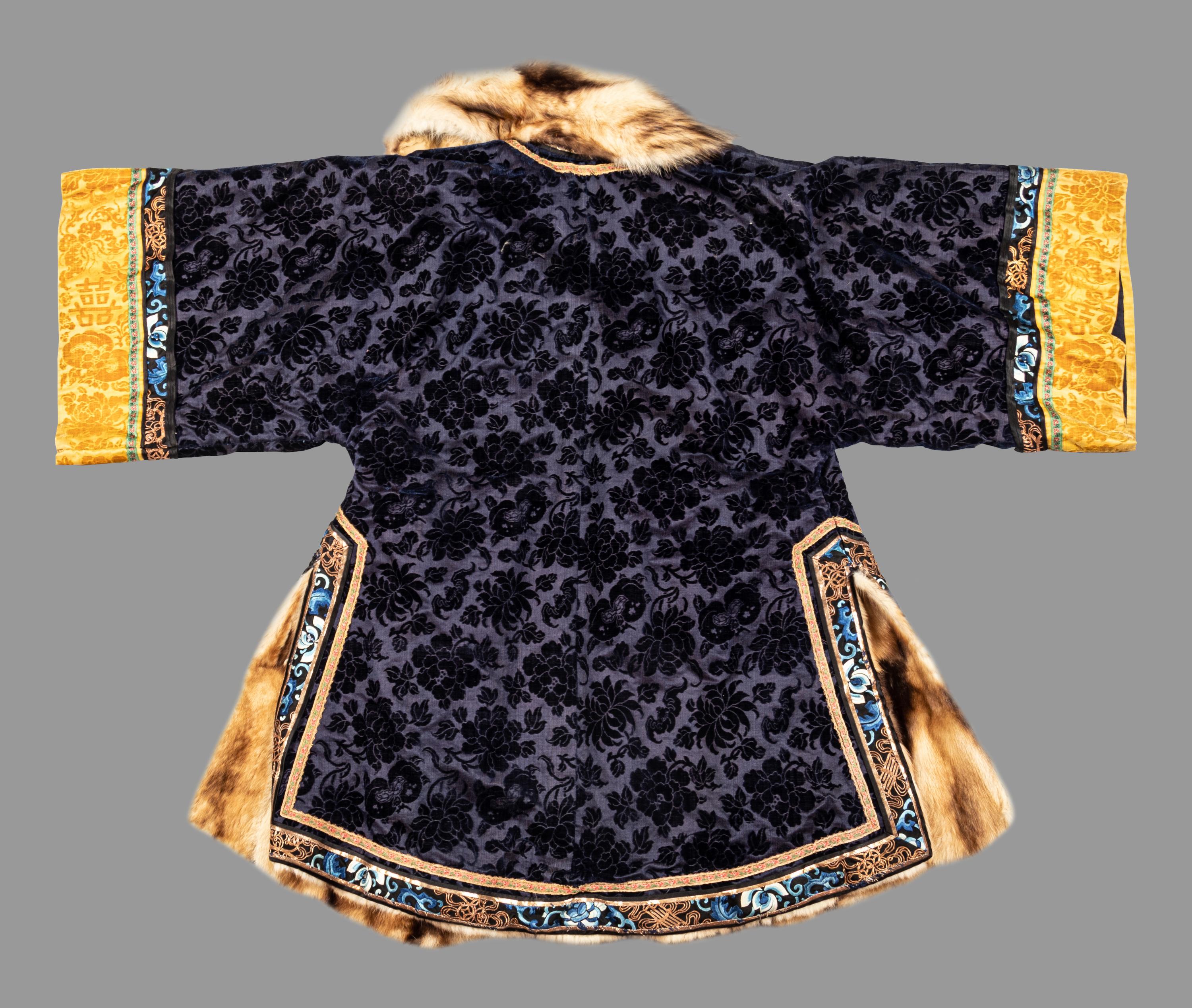 A Navy Blue Ground Cut Velvet, Embroidered Silk and Fur-Lined Lady's Robe