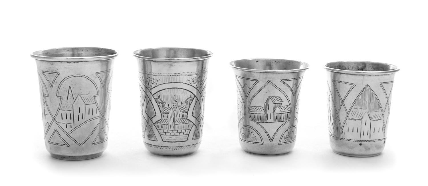 A Group of Four Russian Silver Beakers, Israel Eseevich Zakhoder and Other, each having a fluted rim, the body worked to show foliate d