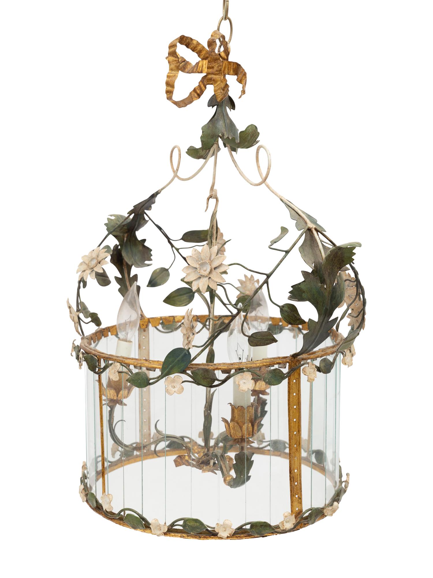 An Italian Tole and Glass Three-Light Chandelier