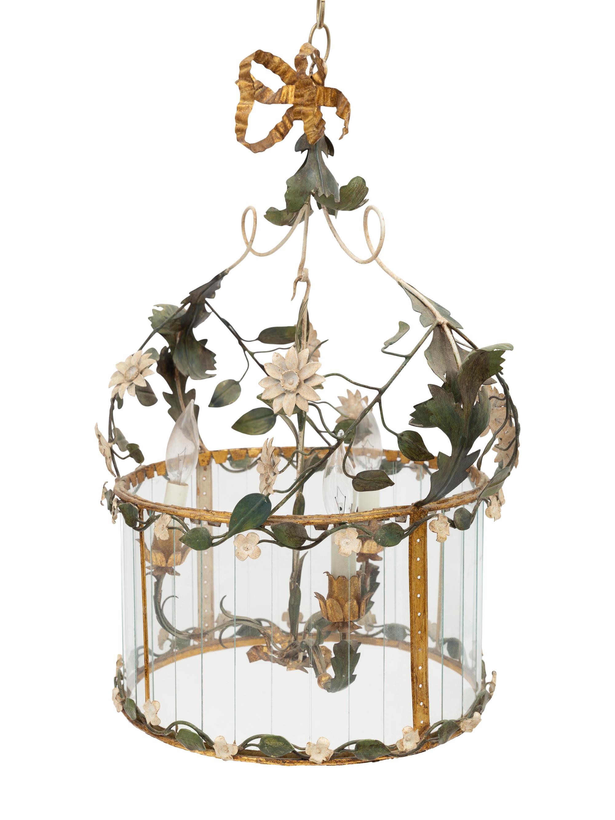 An Italian Tole and Glass Three-Light Chandelier