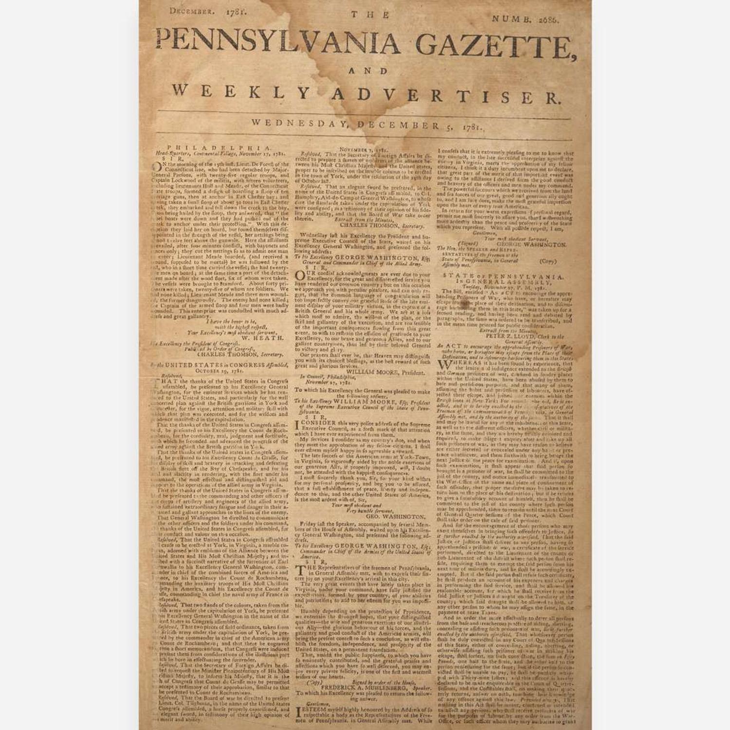 [American Revolution] [Cornwallis, Charles] The Pennsylvania Gazette, and Weekly Advertiser