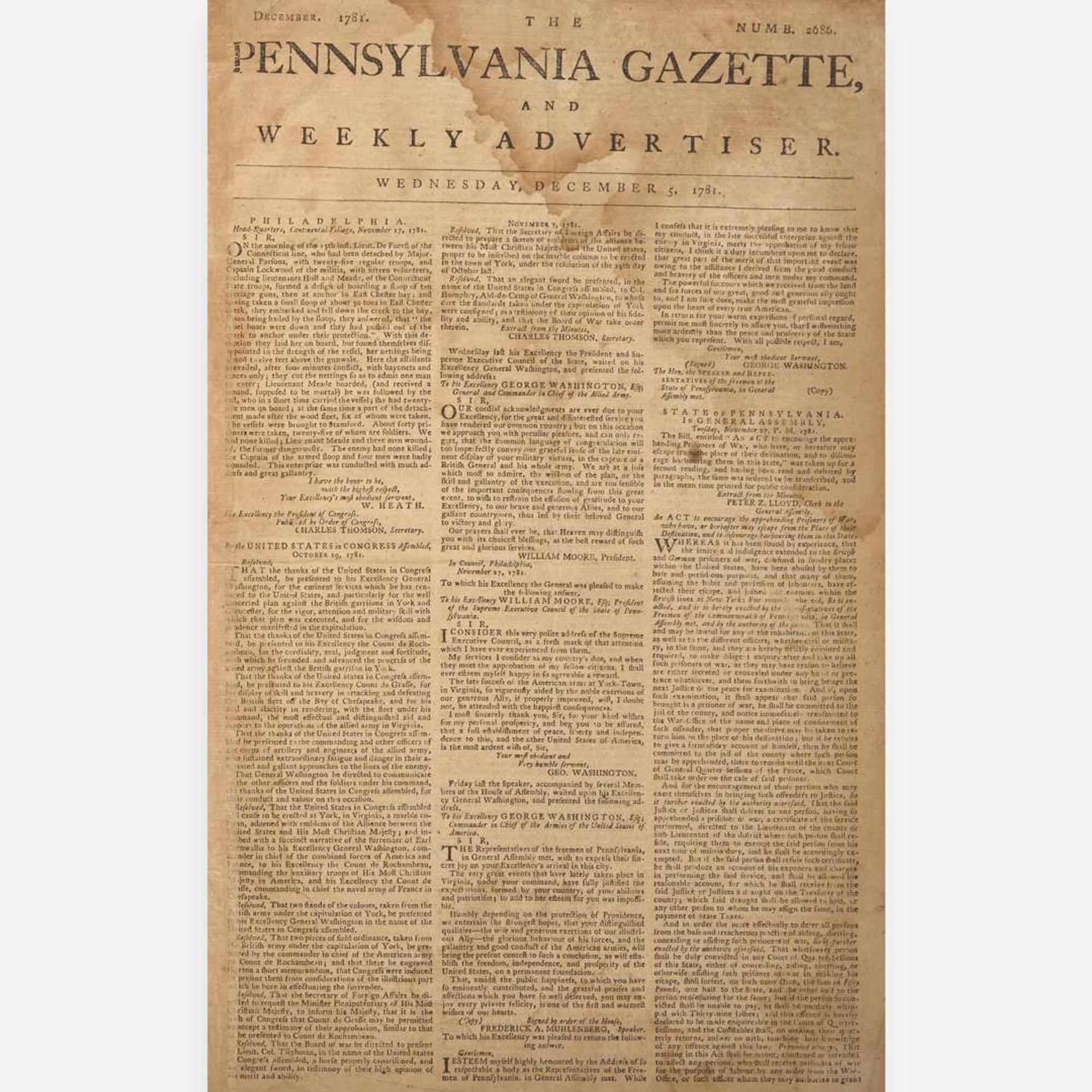 [American Revolution] [Cornwallis, Charles] The Pennsylvania Gazette, and Weekly Advertiser