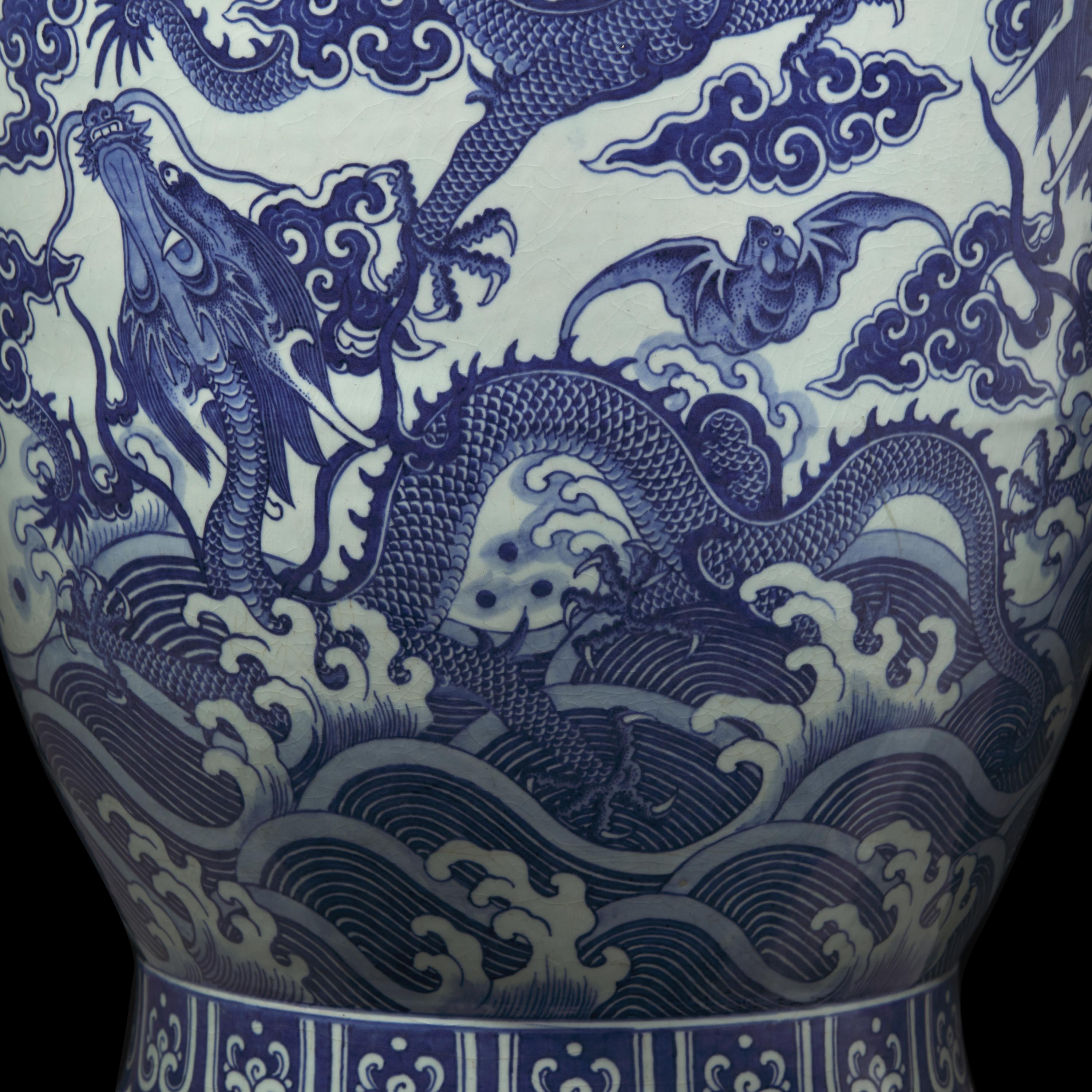 A Magnificent, Monumental, and Extremely Rare Chinese Blue and White 'Nine Dragons' Vase, Qing Dynasty, Jiaqing/Daoguang Period