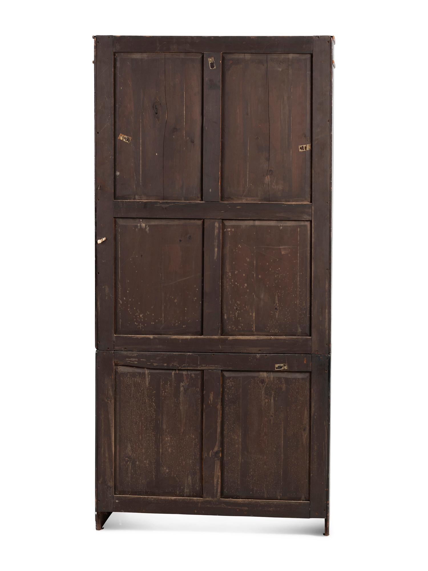 A Regency Black Lacquered and Parcel Gilt Vernis Martin Decorated Step-Back Cabinet