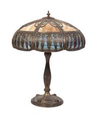 A Silvered Metal and Slag Glass Table Lamp Height 26 inches.