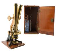 An English Brass and Black Lacquered Binocular Microscope Height 13 1/4 inches. — LOFTUS, LONDON, EARLY 20TH CENTURY