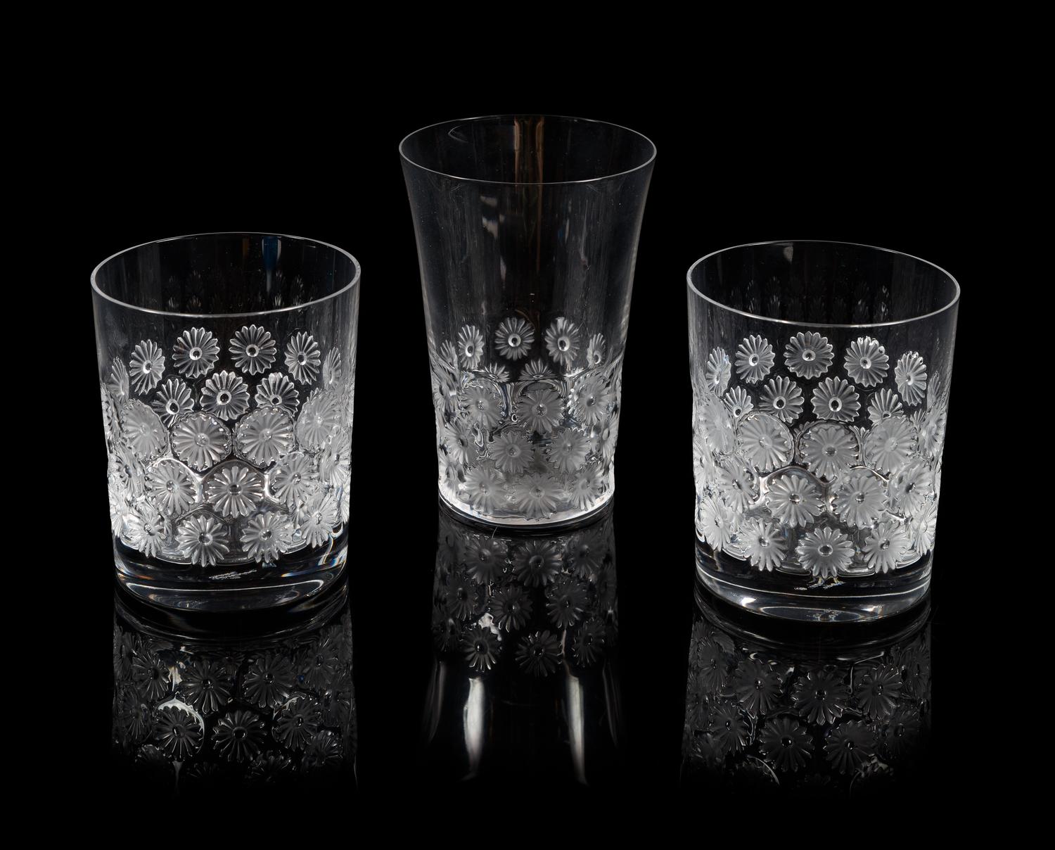 Lalique, three Napsbury pattern molded and frosted glass drinking glasses, in two sizes