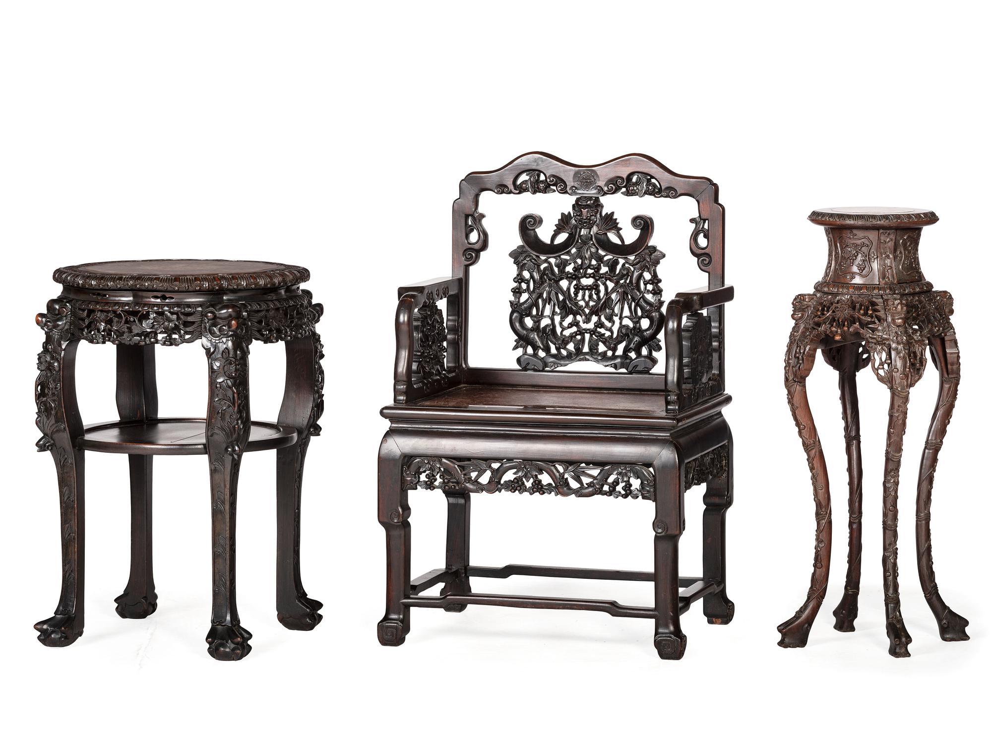 Two Chinese Hardwood Stands and an Armchair