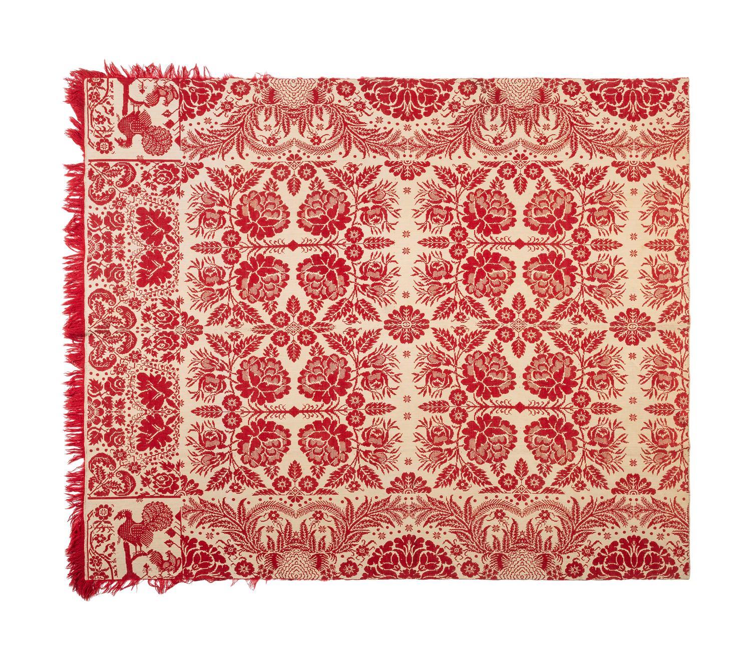 A Red and White Jacquard Cotton and Wool Rooster Coverlet