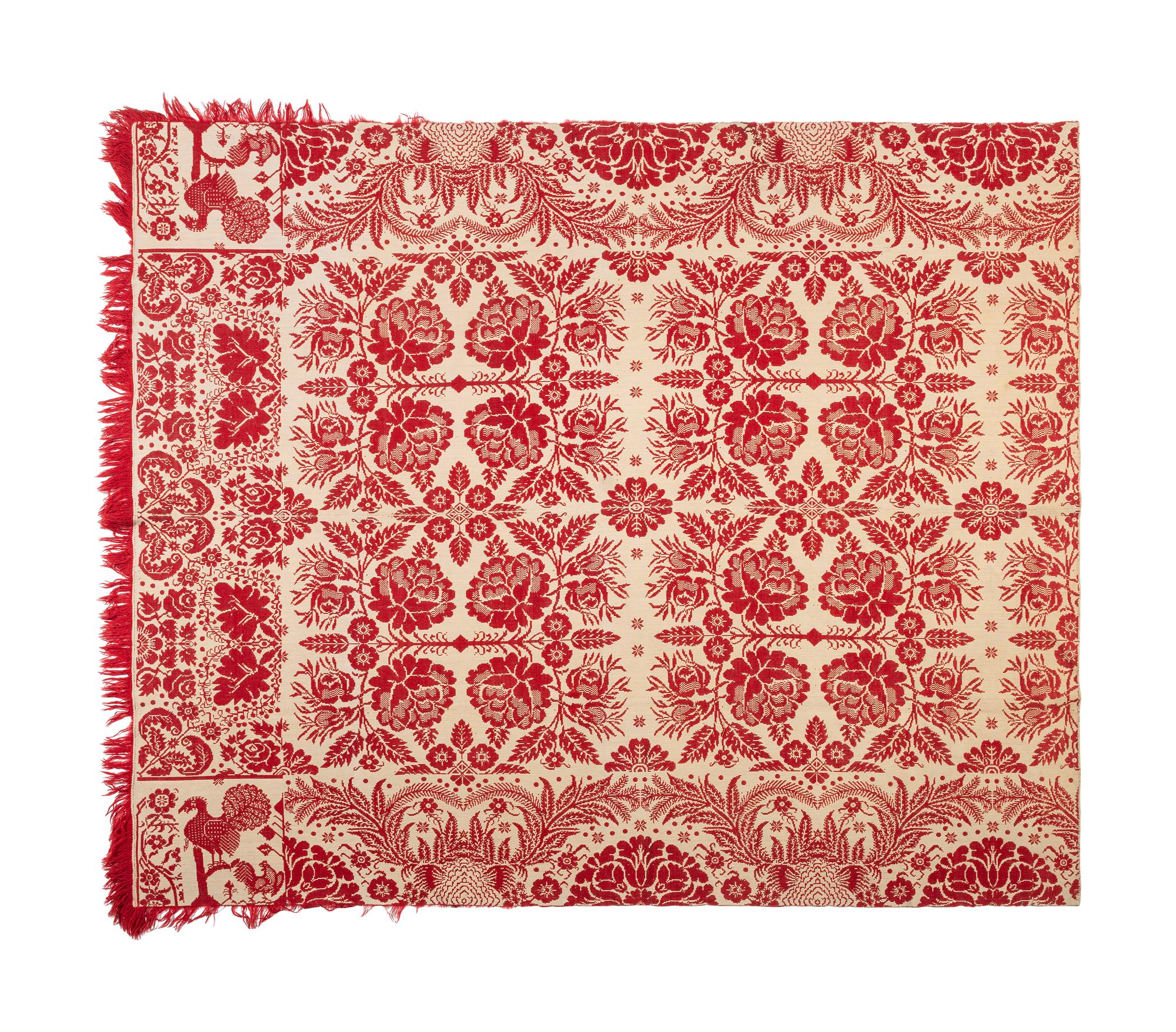 A Red and White Jacquard Cotton and Wool Rooster Coverlet