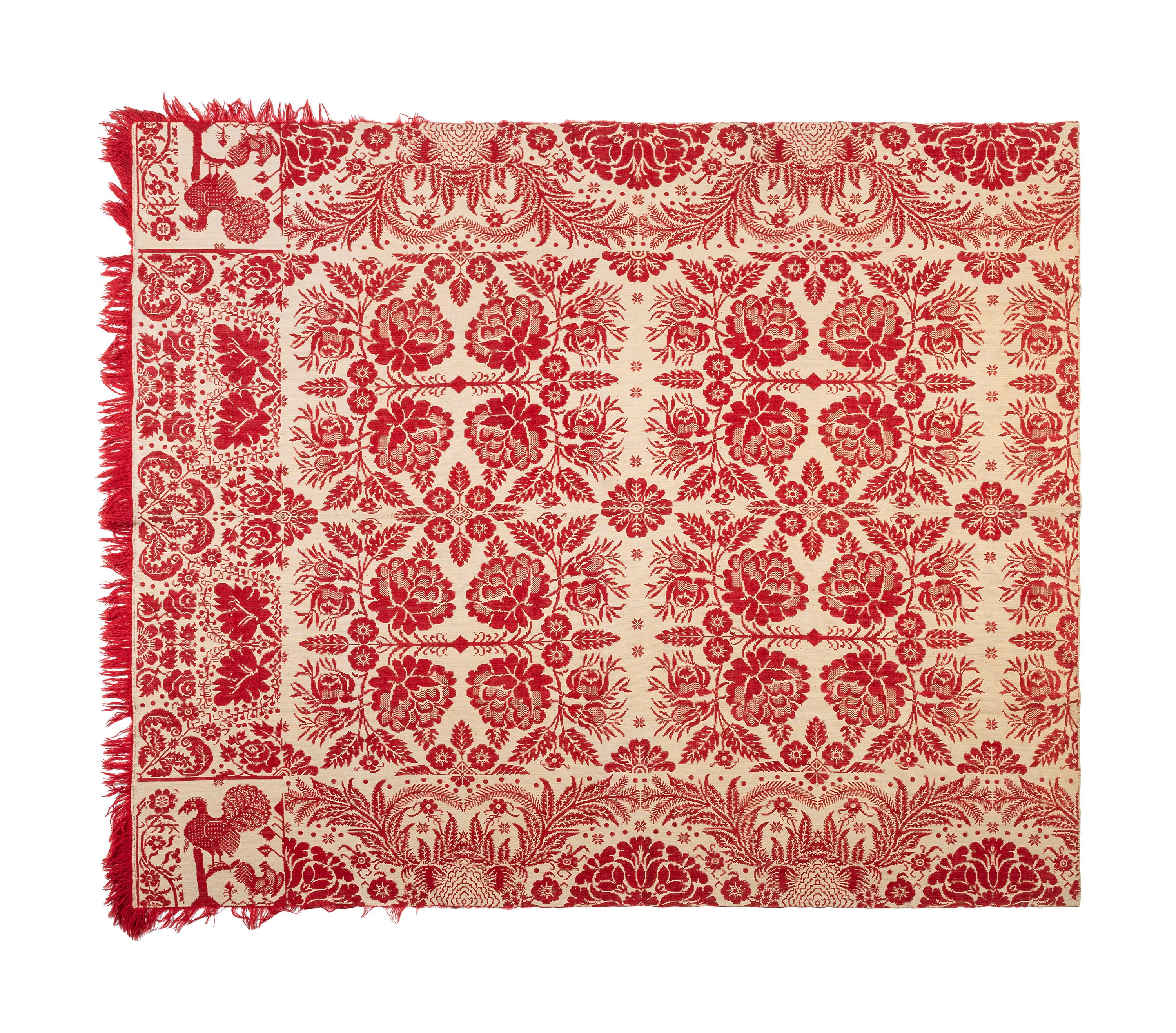 A Red and White Jacquard Cotton and Wool Rooster Coverlet