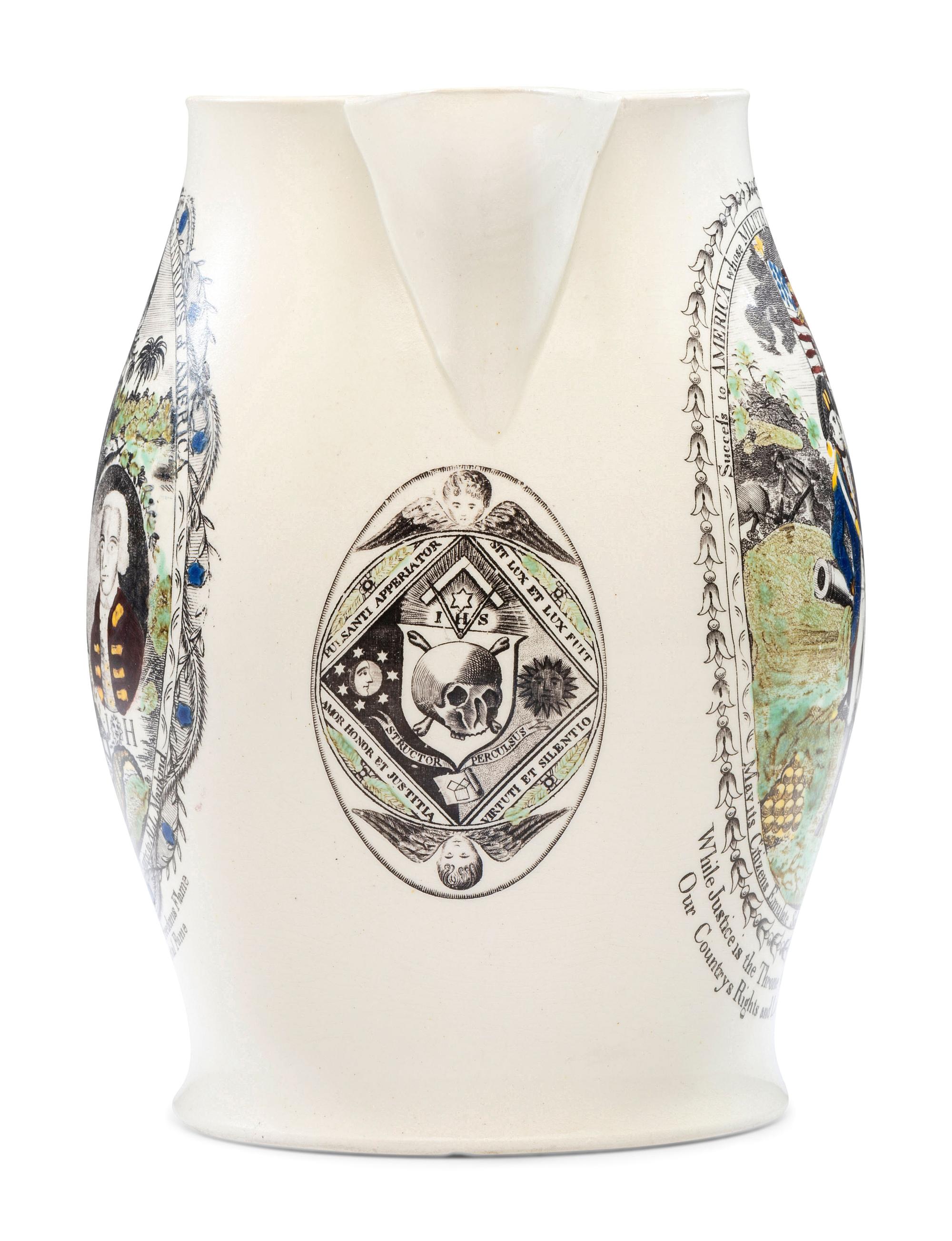 A Liverpool Transfer-Printed Creamware 'Proscribed Patriots / Success to America' Pitcher with Polychrome Embellishment