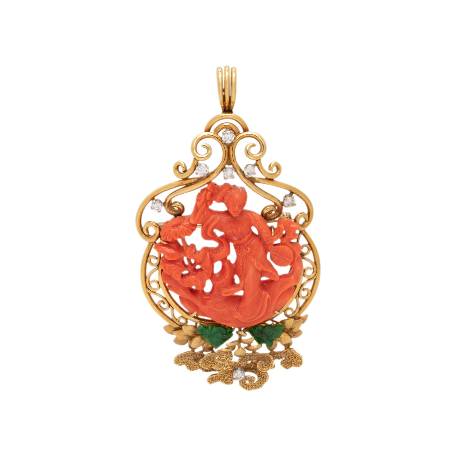 YELLOW GOLD, CORAL, JADE AND DIAMOND PENDANT