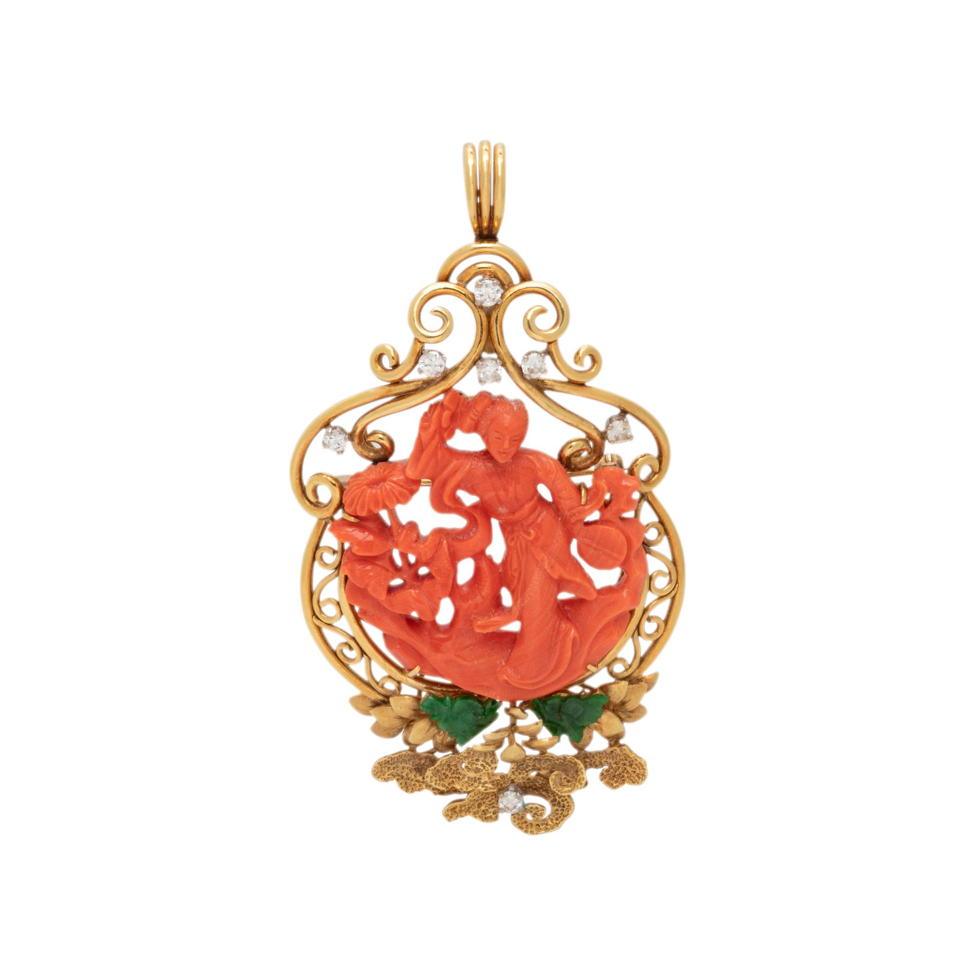 YELLOW GOLD, CORAL, JADE AND DIAMOND PENDANT