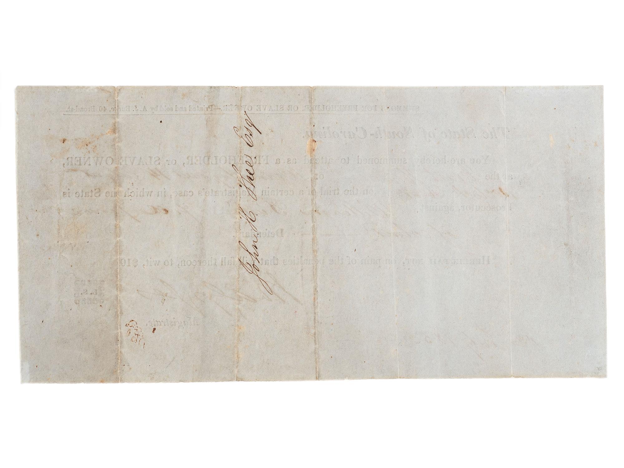 [SLAVERY & ABOLITION]. Partly printed court summons to attend the trial of "William Turpin, a free person of colour." [Charleston, SC], 12 July 1852.