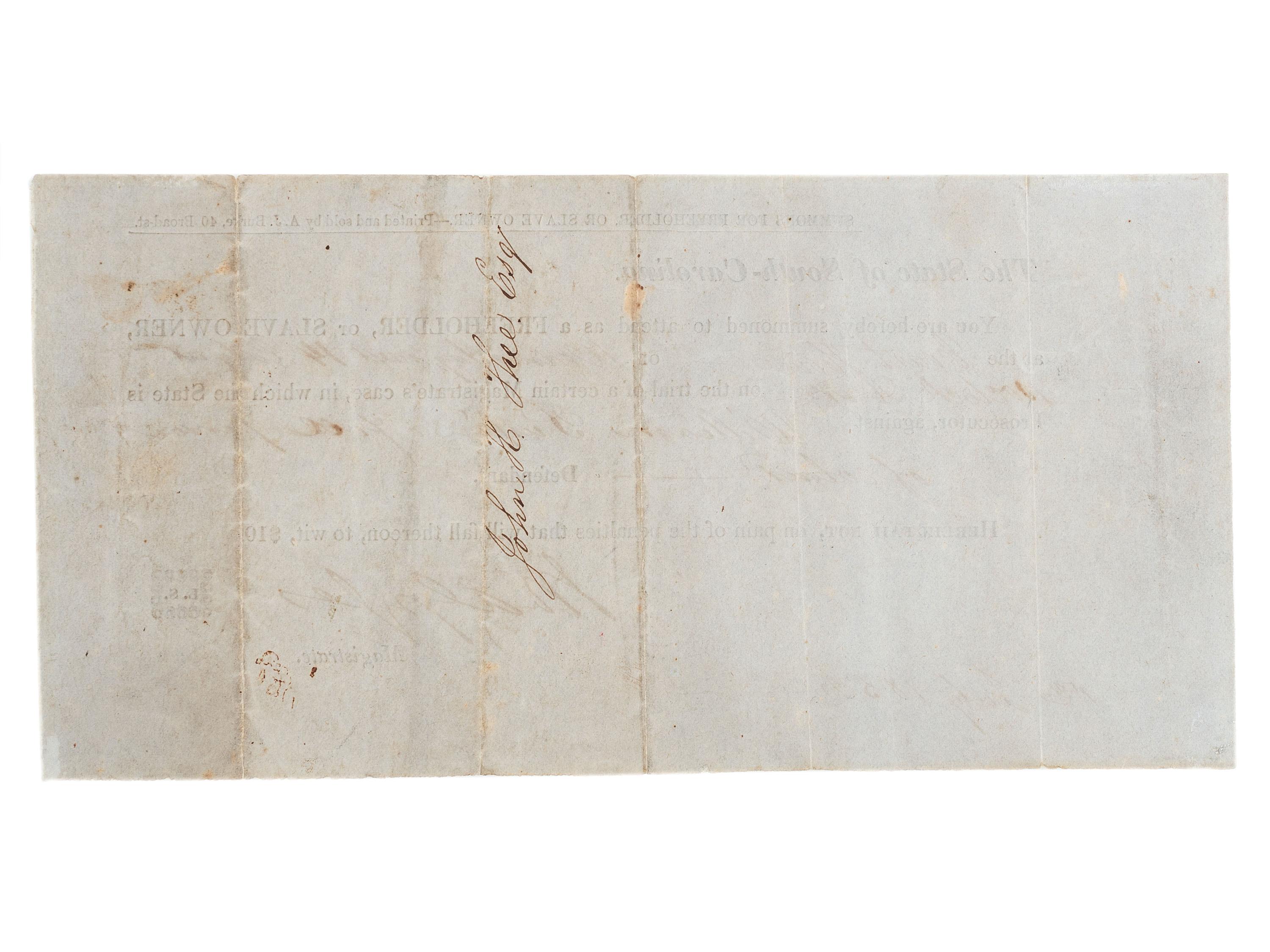 [SLAVERY & ABOLITION]. Partly printed court summons to attend the trial of "William Turpin, a free person of colour." [Charleston, SC], 12 July 1852.
