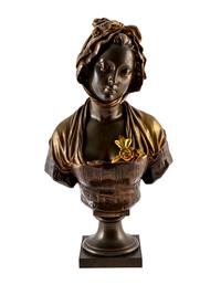 A French Parcel-Gilt and Patinated Bronze Bust of a Maiden — CAST AFTER A MODEL BY EUGENE LAURENT, SUSSE FRERES FOUNDRY, CIRCA 1900