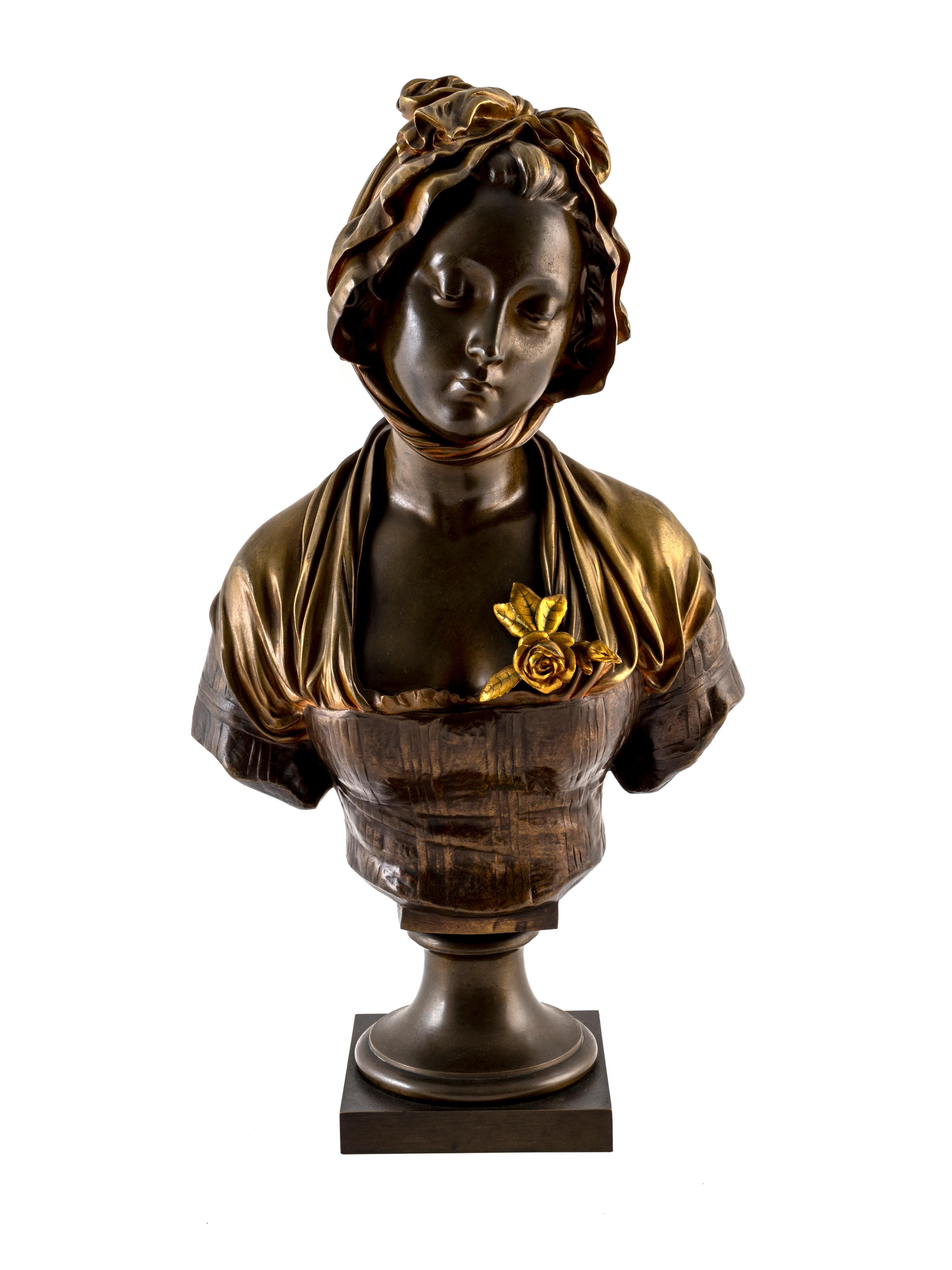 A French Parcel-Gilt and Patinated Bronze Bust of a Maiden — CAST AFTER A MODEL BY EUGENE LAURENT, SUSSE FRERES FOUNDRY, CIRCA 1900